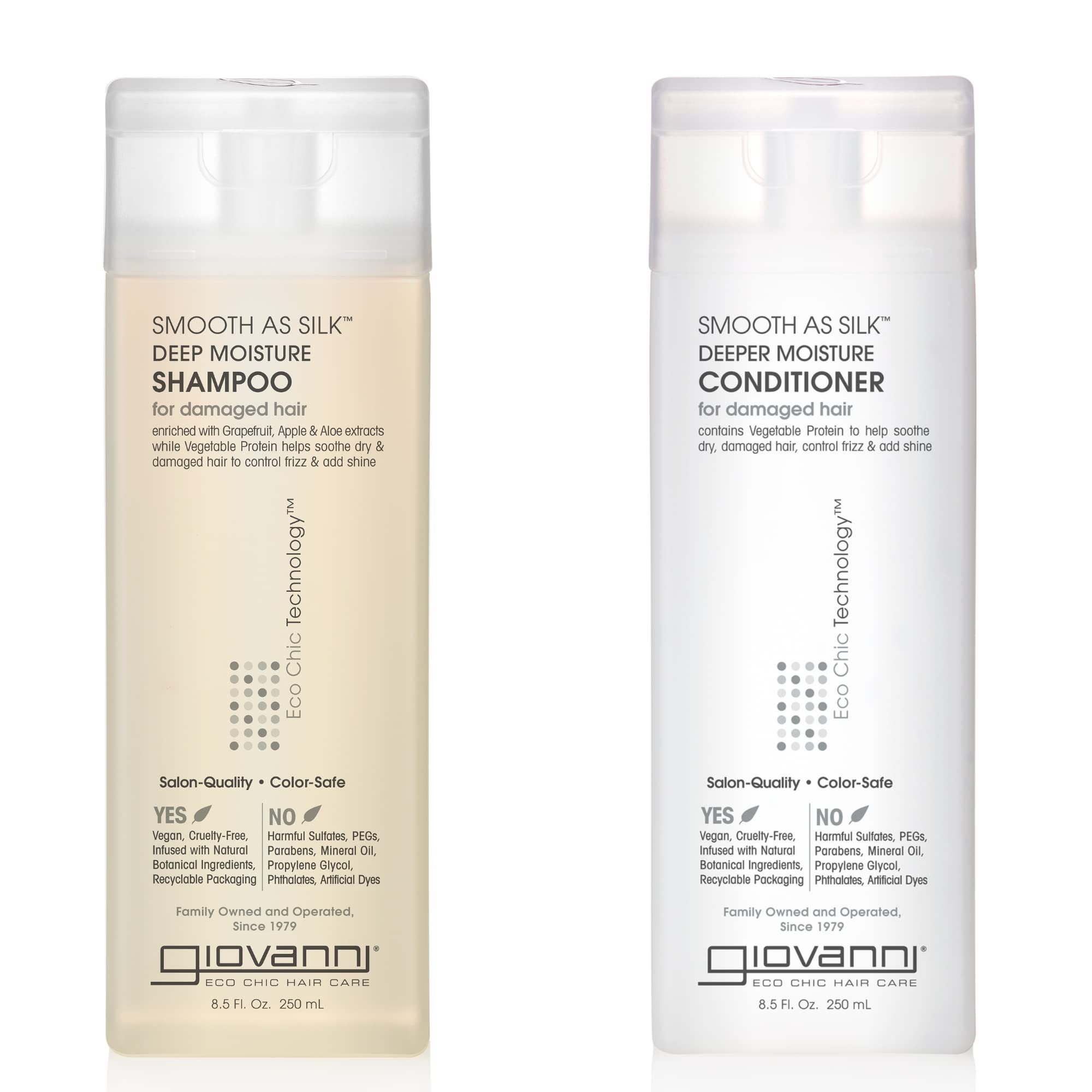 giovanni front packaging showing the shampoo and conditioner and eco benefits