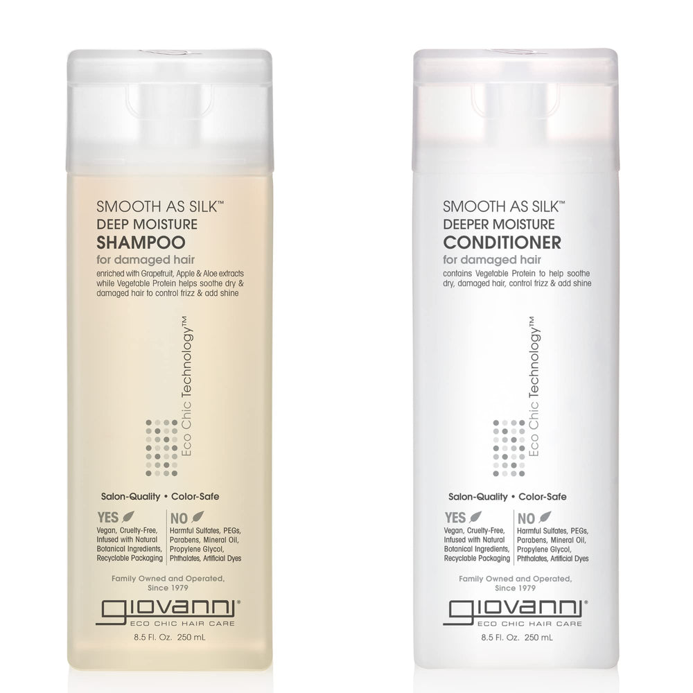 giovanni front packaging showing the shampoo and conditioner and eco benefits