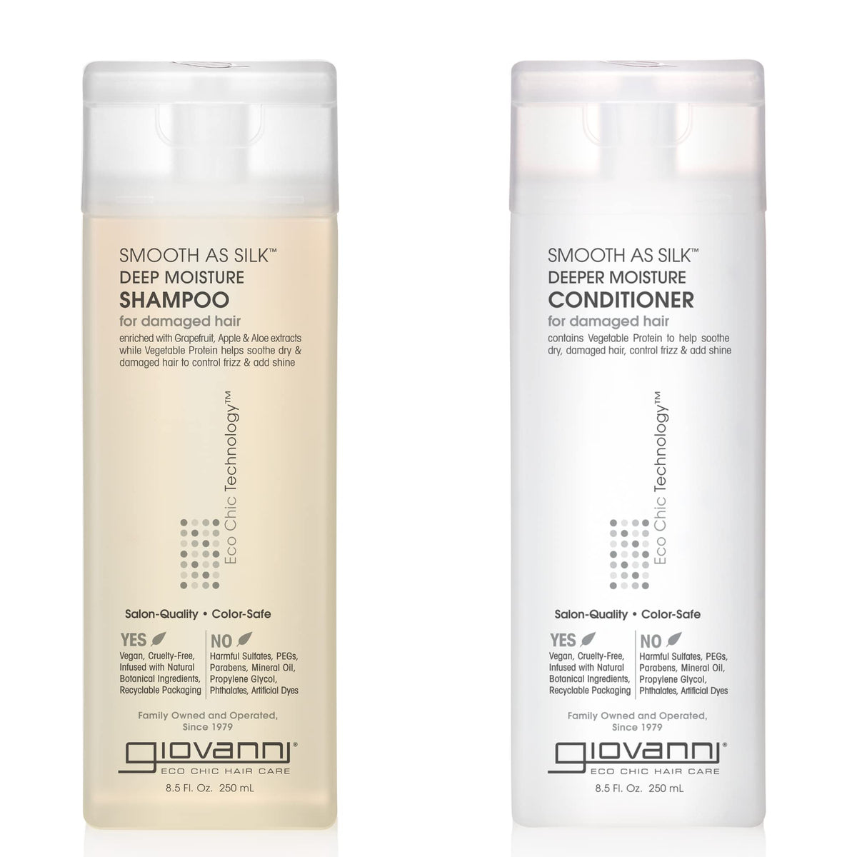 giovanni front packaging showing the shampoo and conditioner and eco benefits