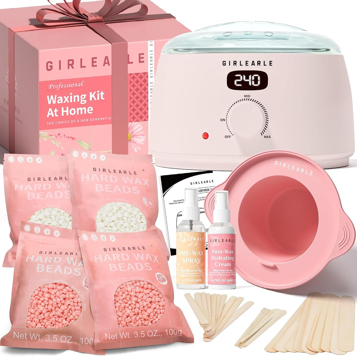 GIRLEARLE front packaging showing complete at-home waxing kit benefits