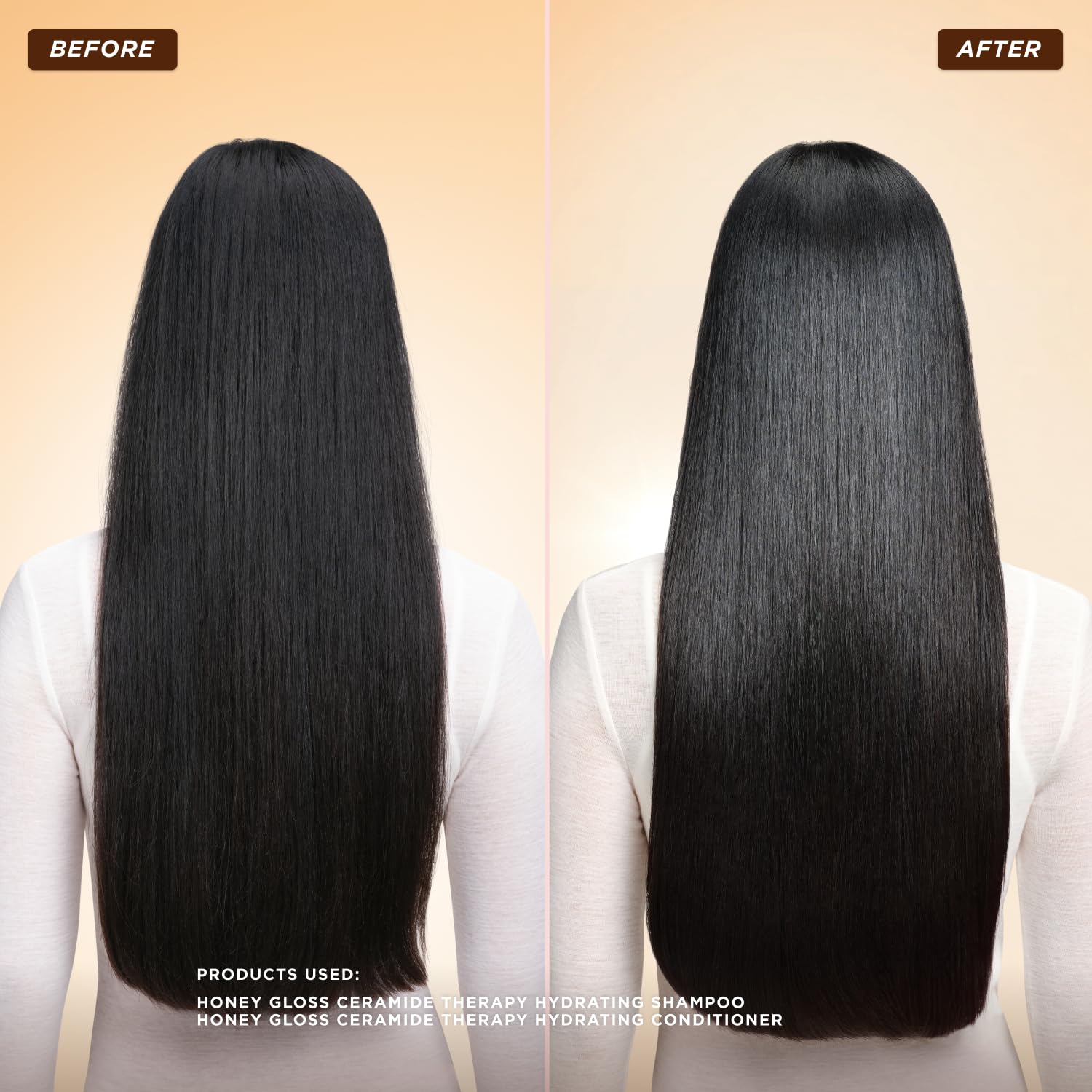 Gisou before and after hair image showing improved shine and reduced frizz
