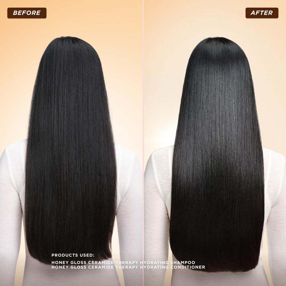 Gisou before and after hair image showing improved shine and reduced frizz
