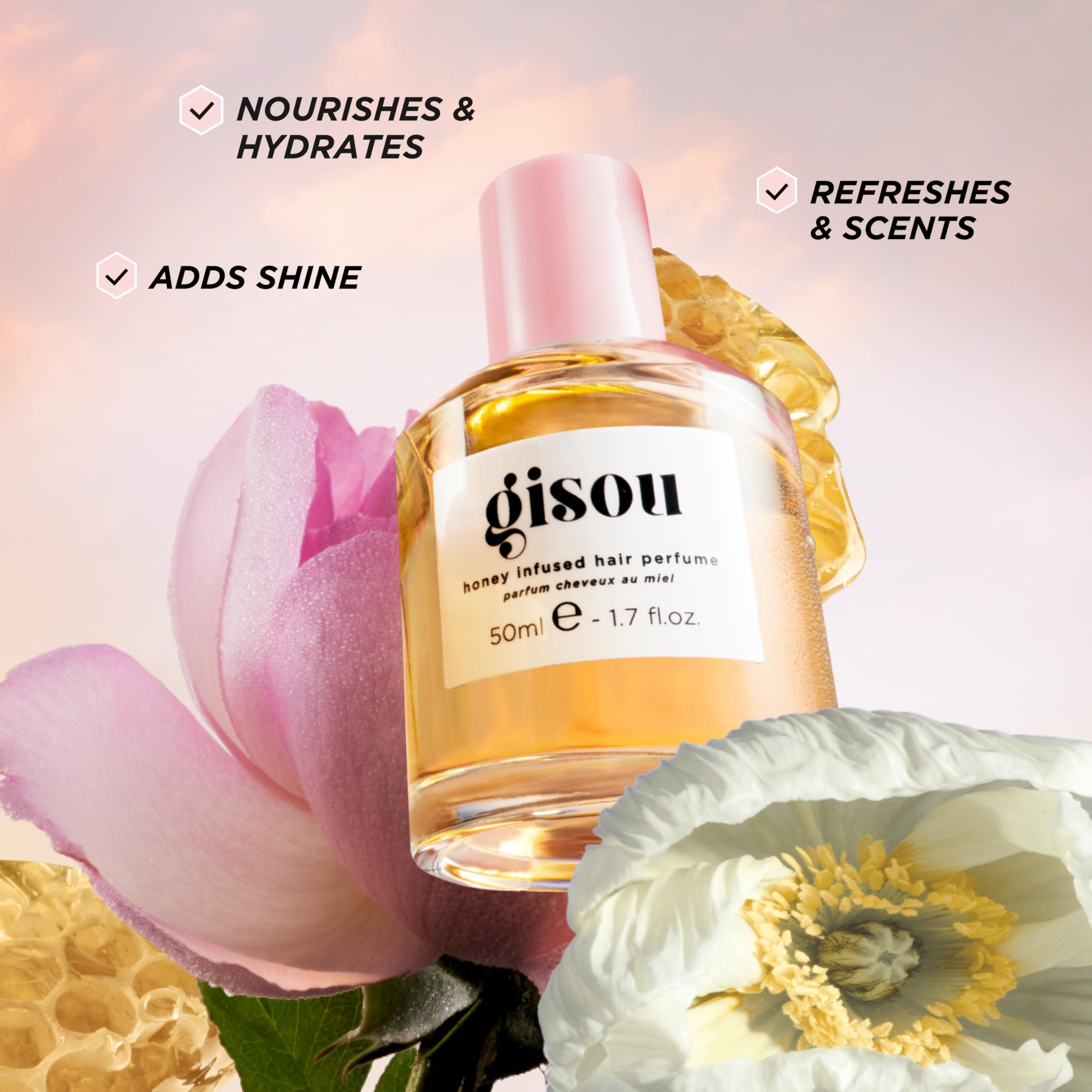 Flatlay of Gisou bottle with honey and argan oil illustrating nourishing ingredients