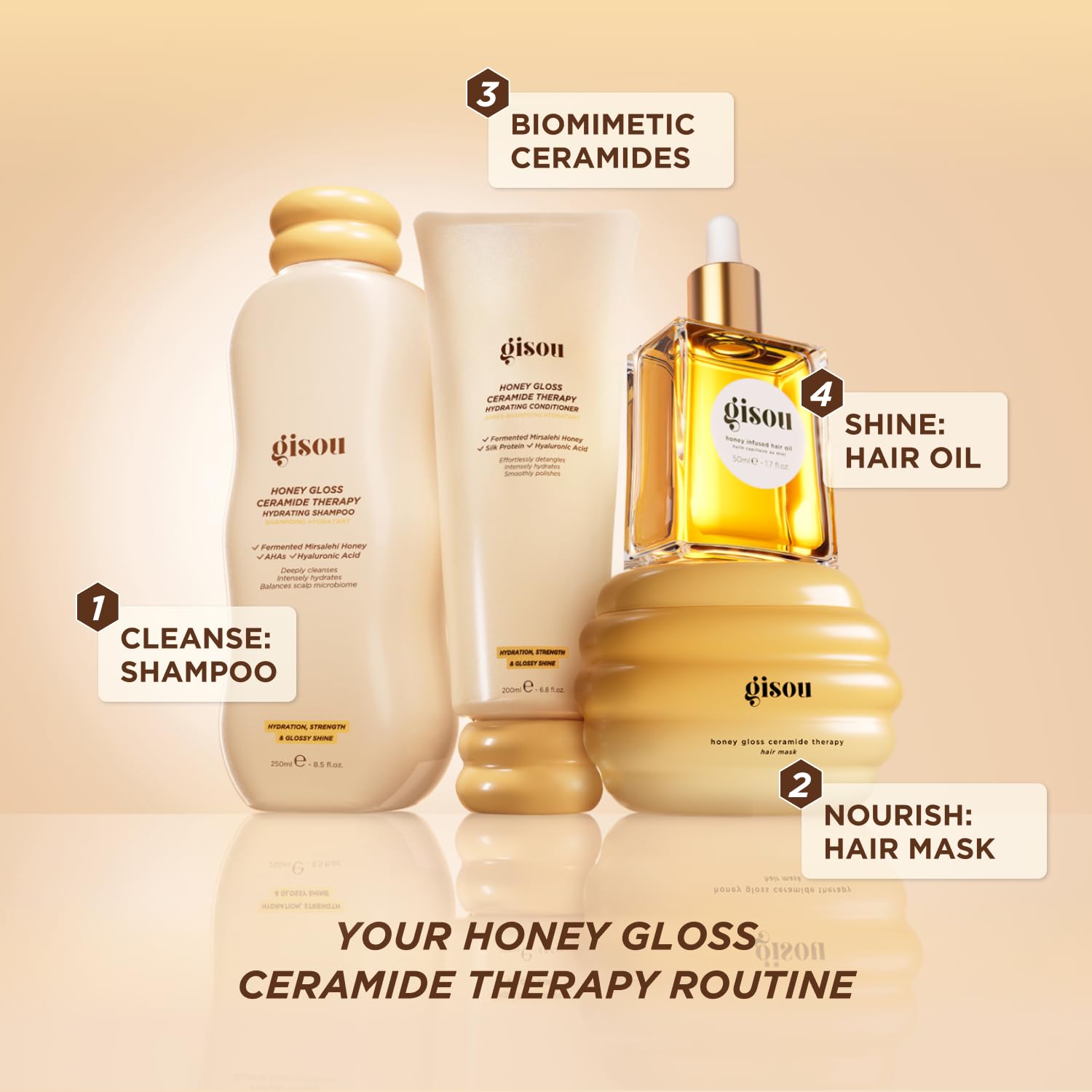 Gisou shampoo with conditioner styled together showing boosted hydration benefit