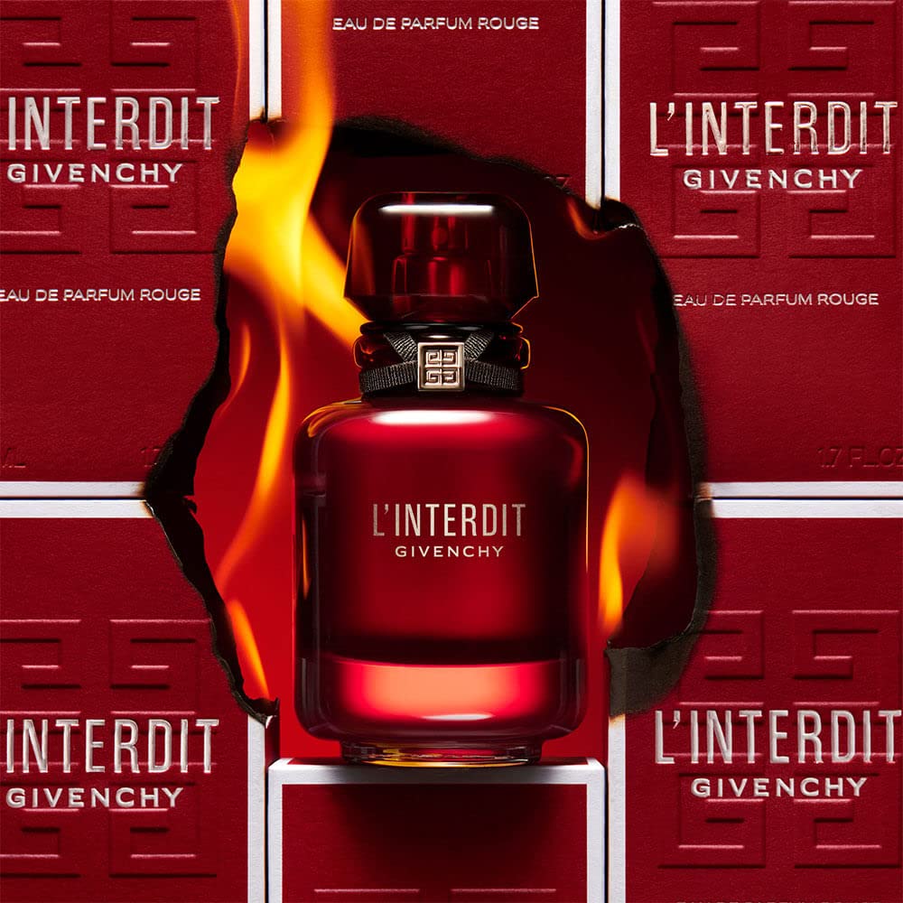 Givenchy L'Interdit Rouge reflected in glass demonstrating elegant presentation