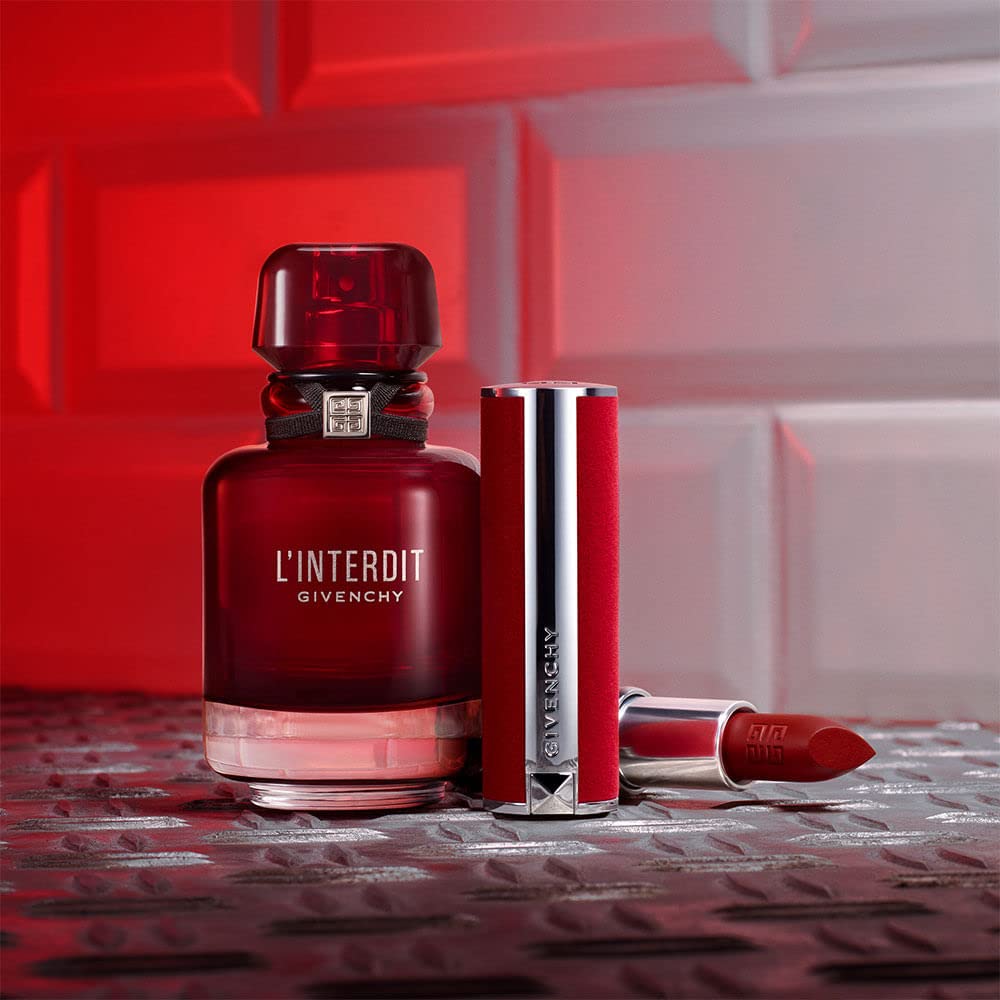 Givenchy L'Interdit Rouge on vanity in lifestyle setting for evening ready look
