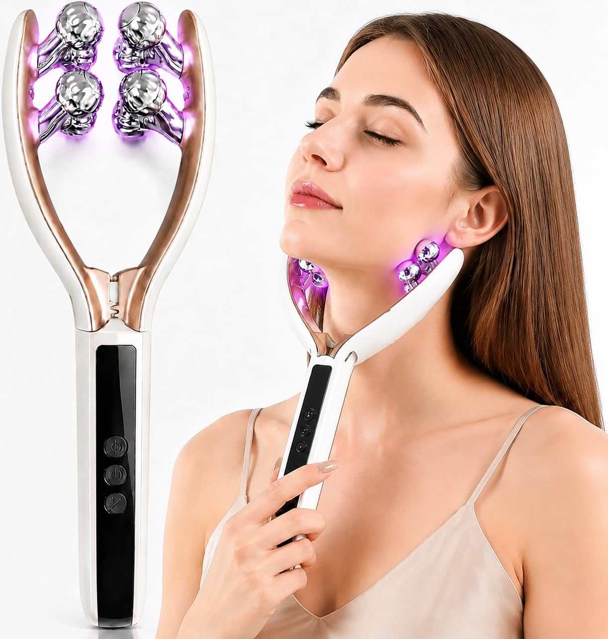 GJMJNNW face massager front view showing sleek white finish and ergonomic handle benefits ease