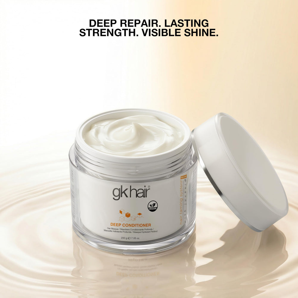 GK HAIR jar on bathroom shelf suggesting at-home salon results