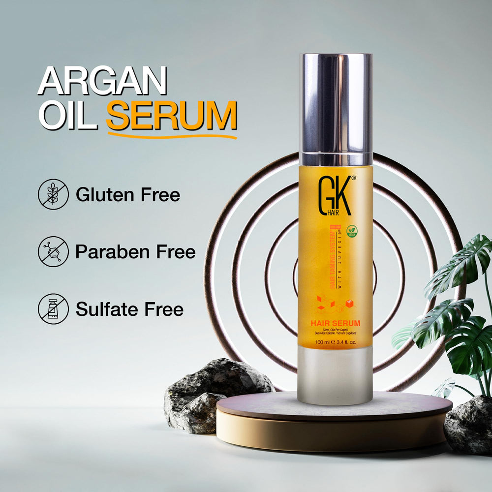 GK HAIR label highlighting argan oil and clean, sulfate-free formula