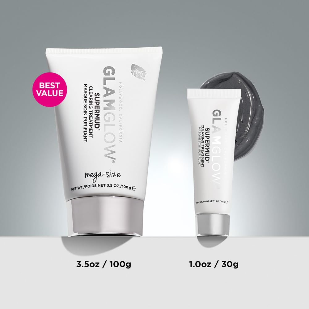 Glamglow SUPERMUD label close-up showing ingredients and benefits for purifying pores