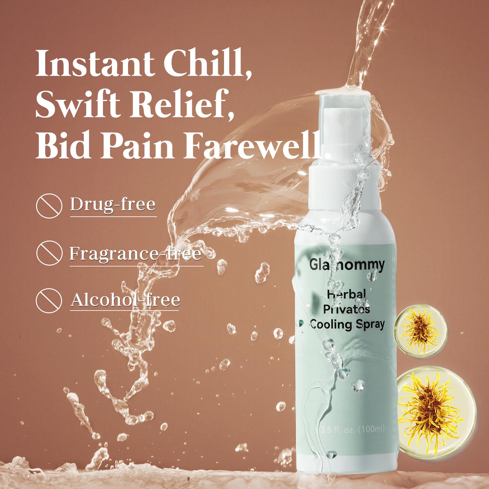 Glamommy cooling spray bottle positioned for quick soothing relief on-the-go