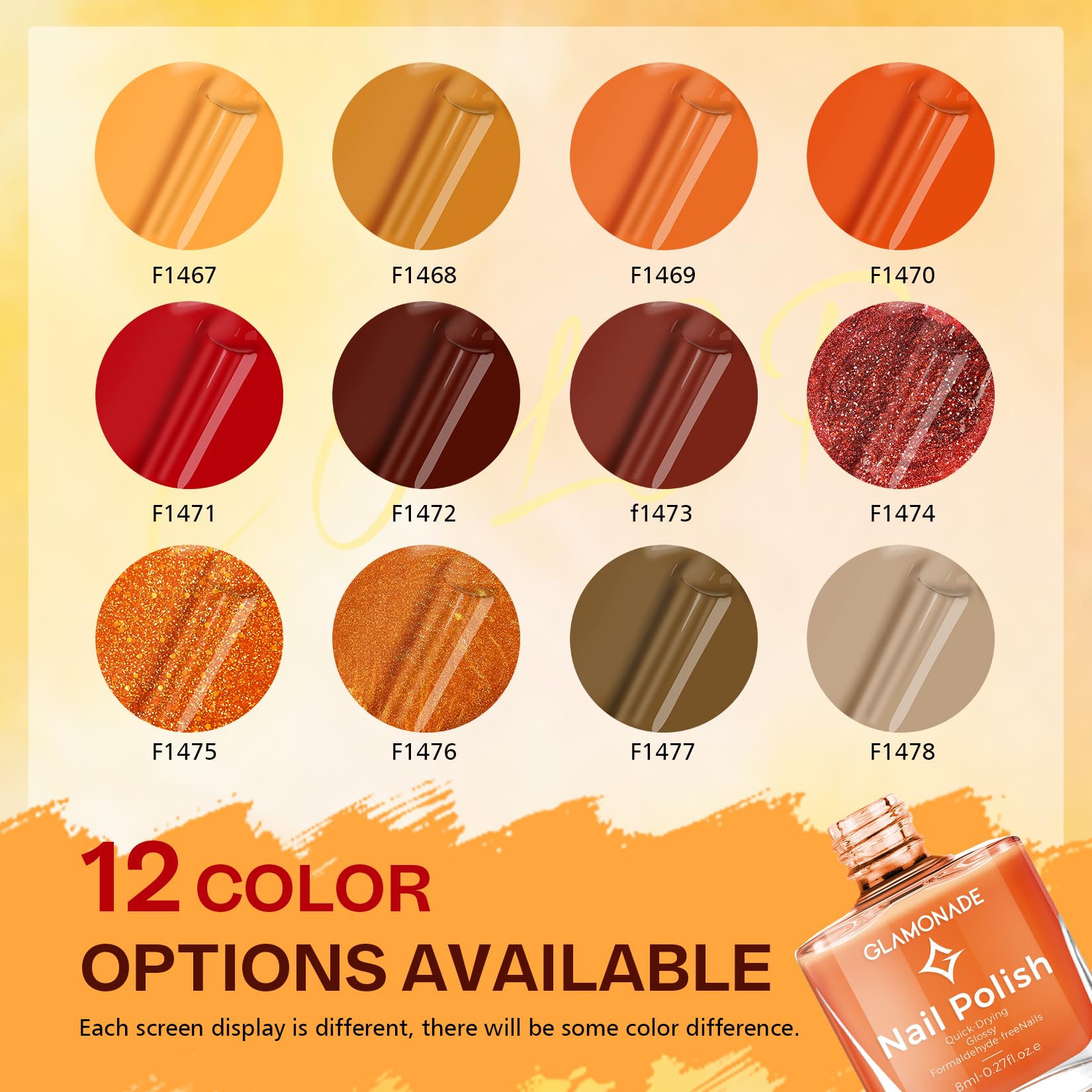 Glamonade swatches on fan display illustrating pumpkin orange to deep burgundy