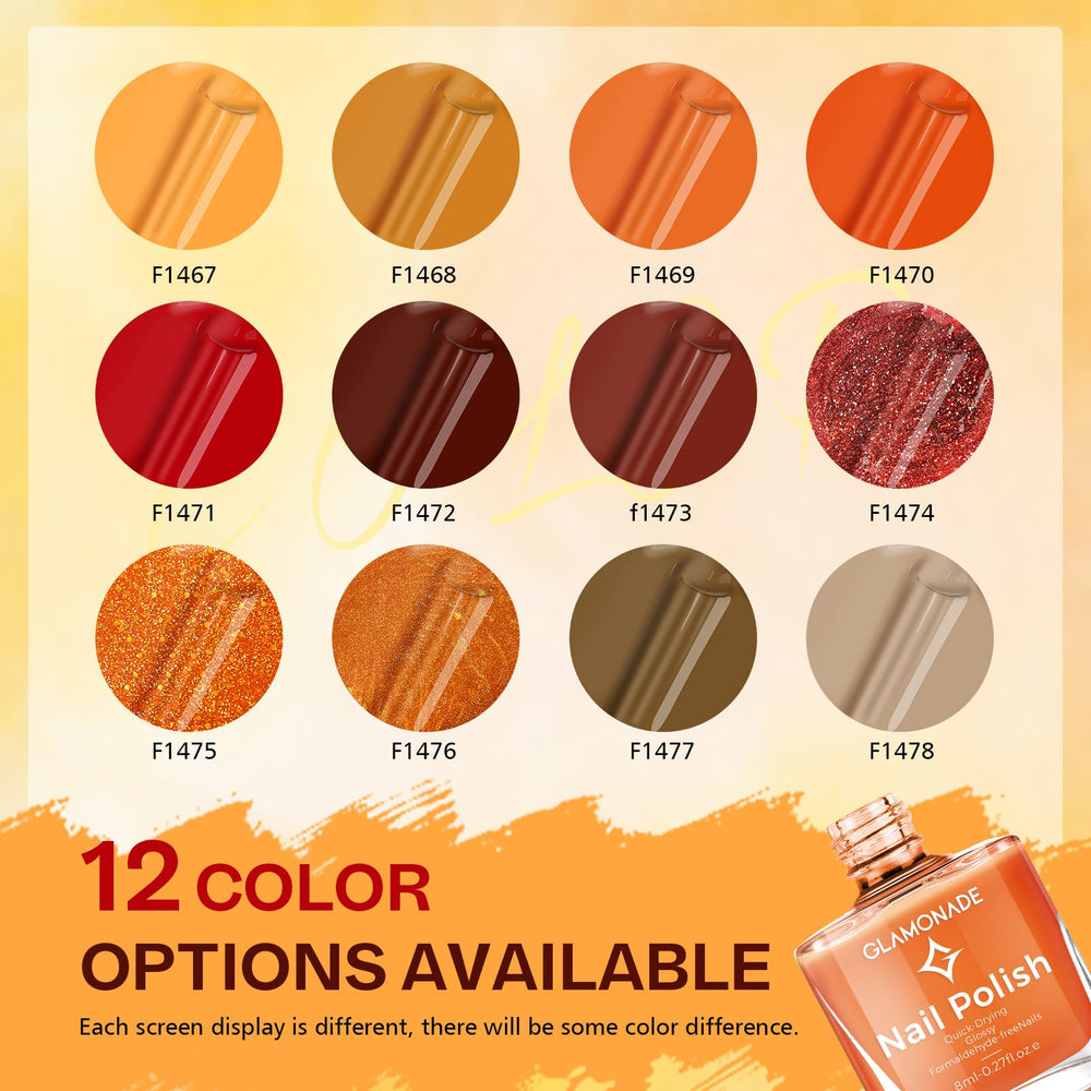 Glamonade swatches on fan display illustrating pumpkin orange to deep burgundy