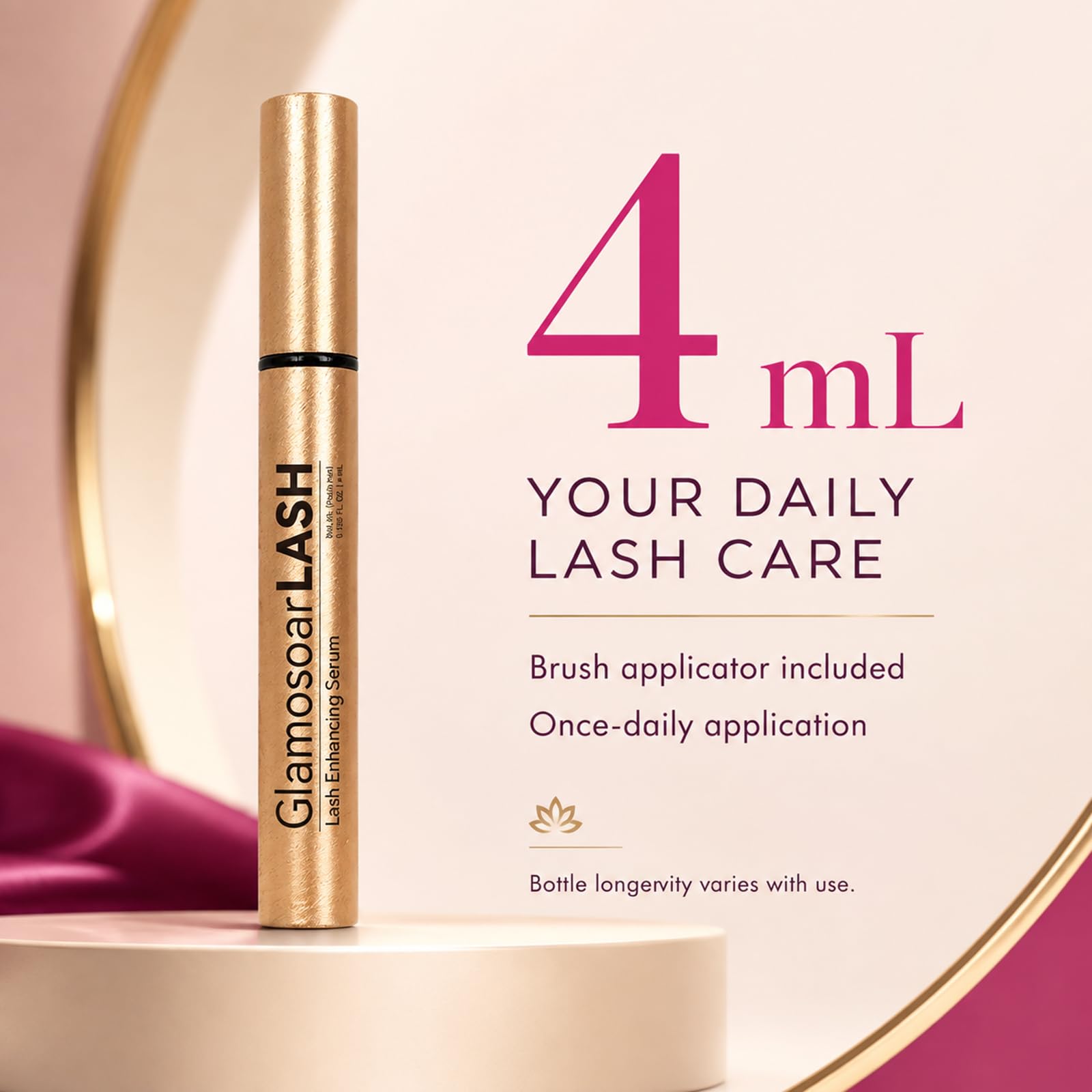 glamosoar bottle on vanity with mirror, integrates into daily beauty routine benefit