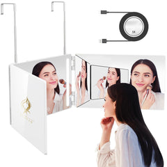 GLDDAO front open trifold mirror showing full three-panel view and benefit of wide-angle sight