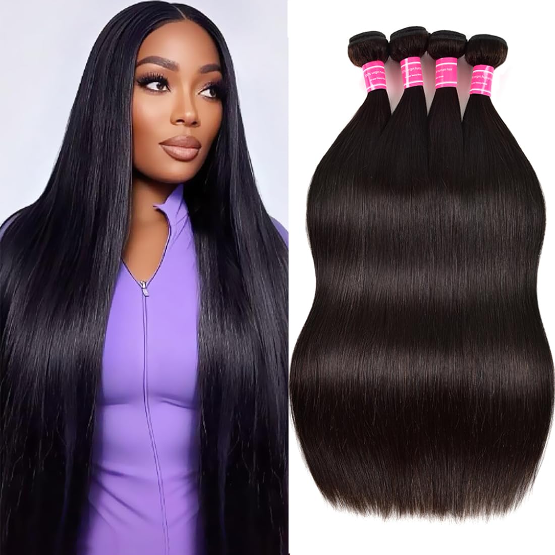 Glebinly straight bundles front view showing smooth natural black hair and salon-ready shine