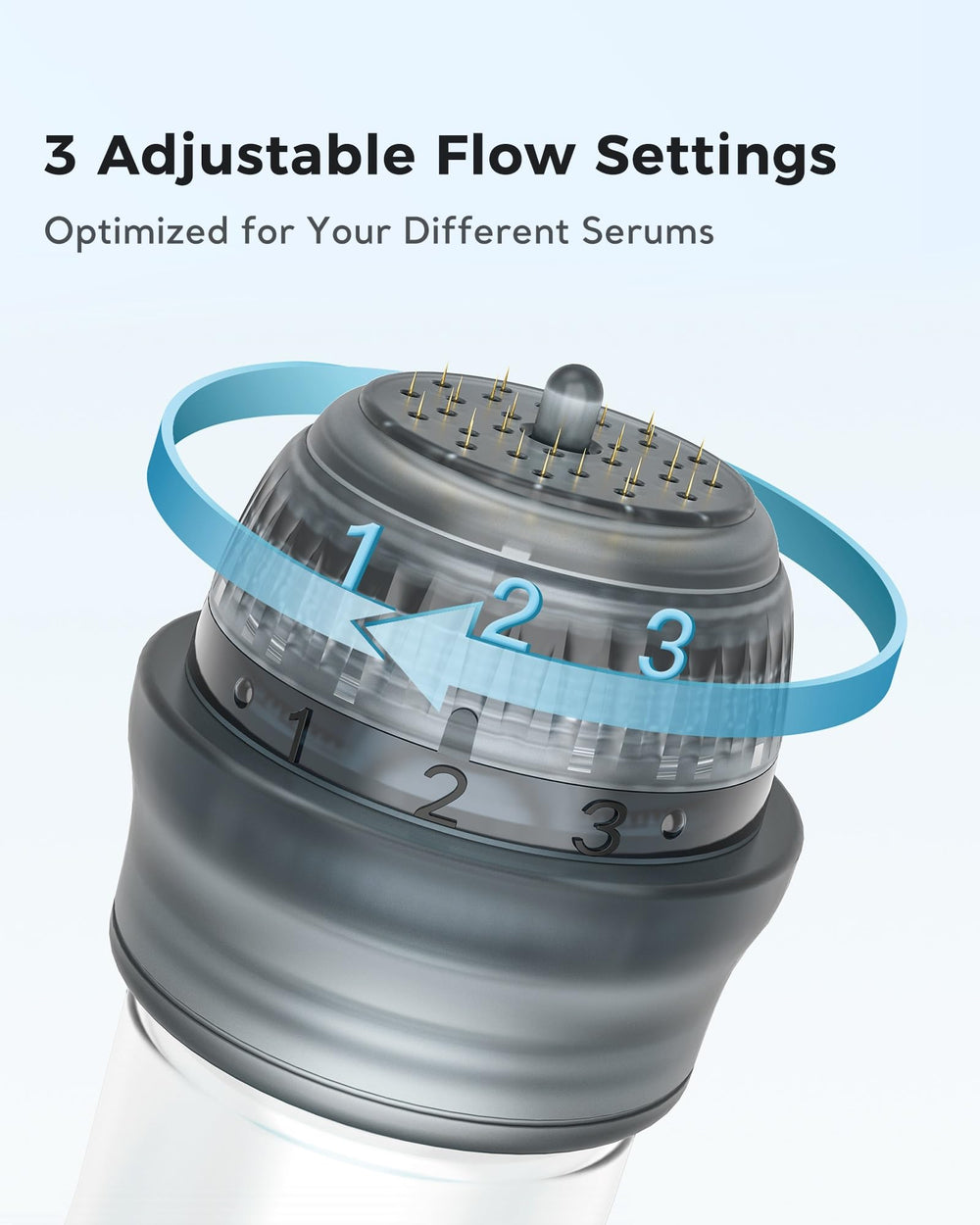 Glemme applicator filled showing three-level liquid chamber for adjustable serum control benefit