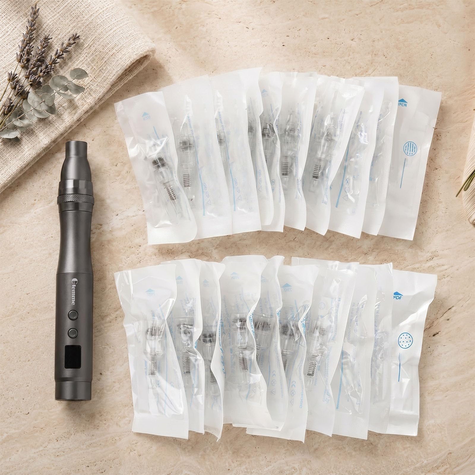 Glemme pen in a toiletry bag showing portable, travel-ready skincare tool
