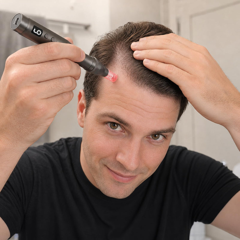 Glemme pen in use on cheek demonstrating at-home facial microneedling benefit