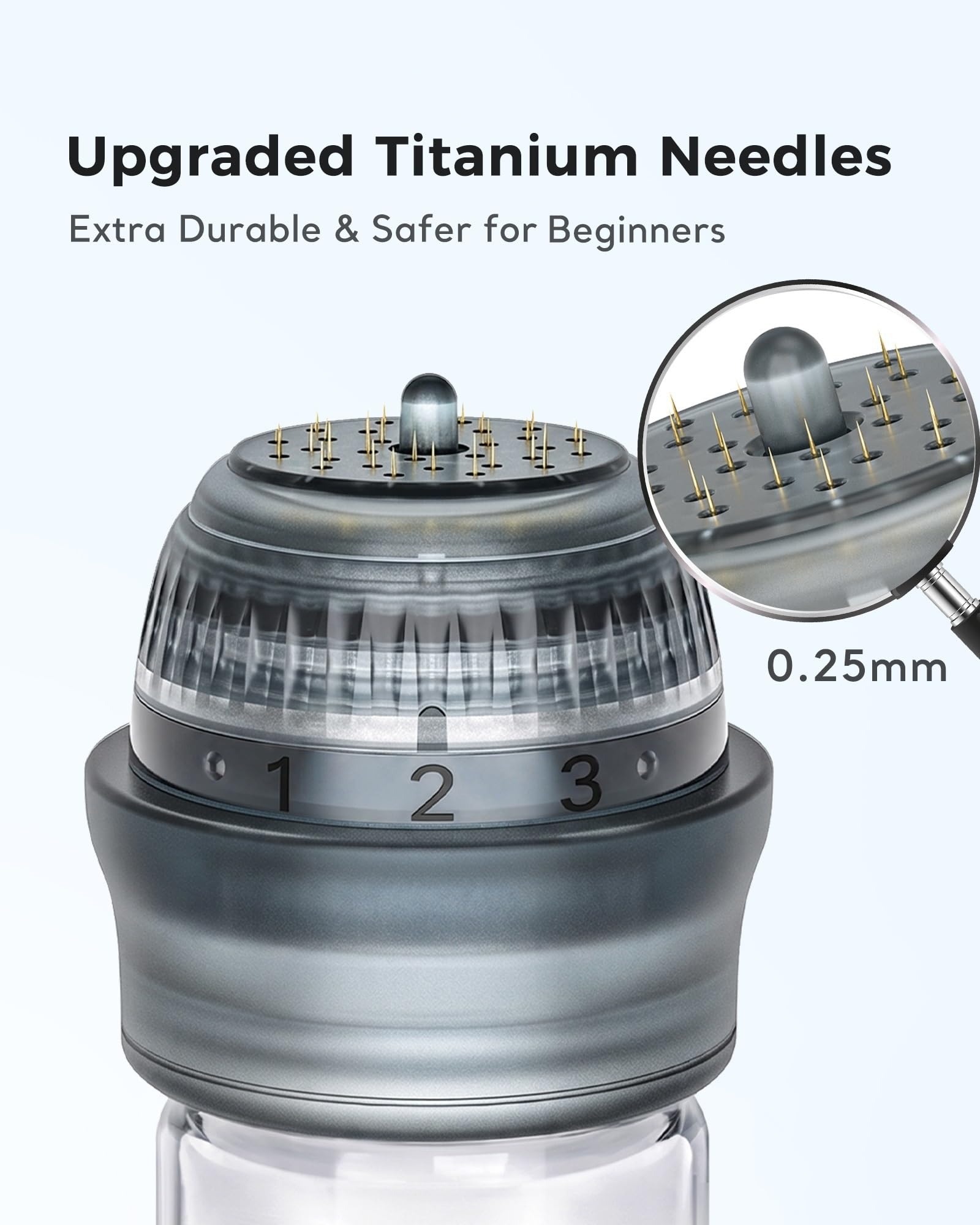 Glemme close-up of titanium needles illustrating precision and safe shallow depth benefit