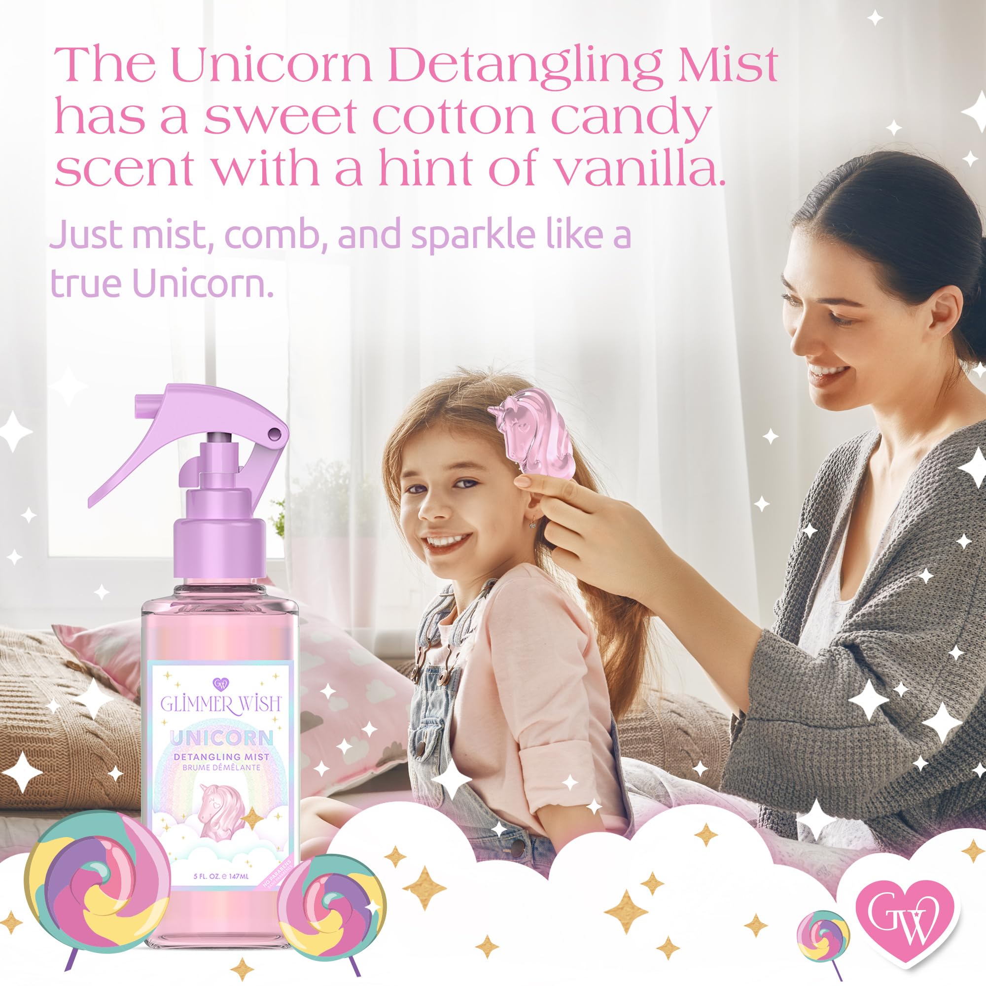 Glimmer Wish child spraying hair illustrating gentle, tear-free use