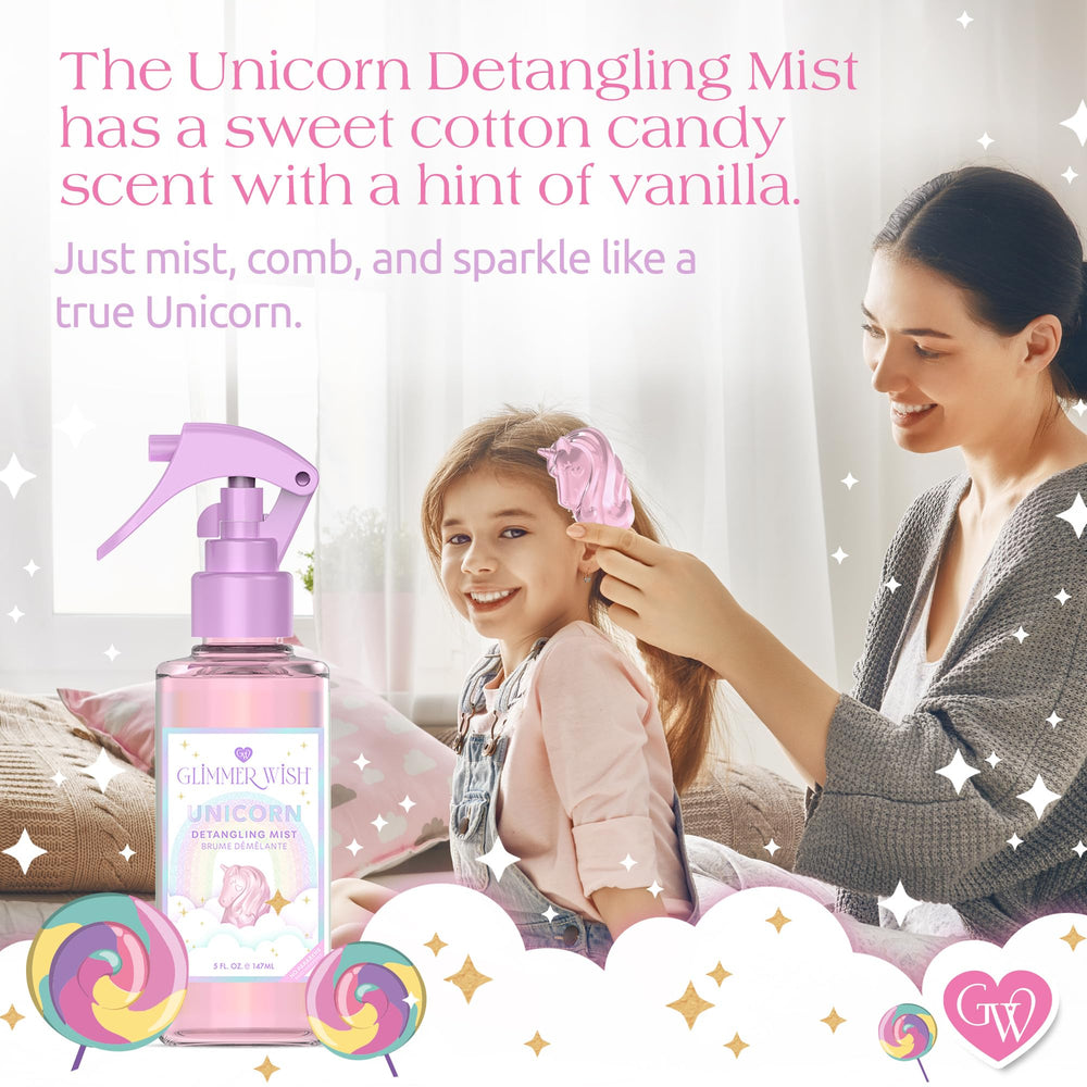 Glimmer Wish child spraying hair illustrating gentle, tear-free use