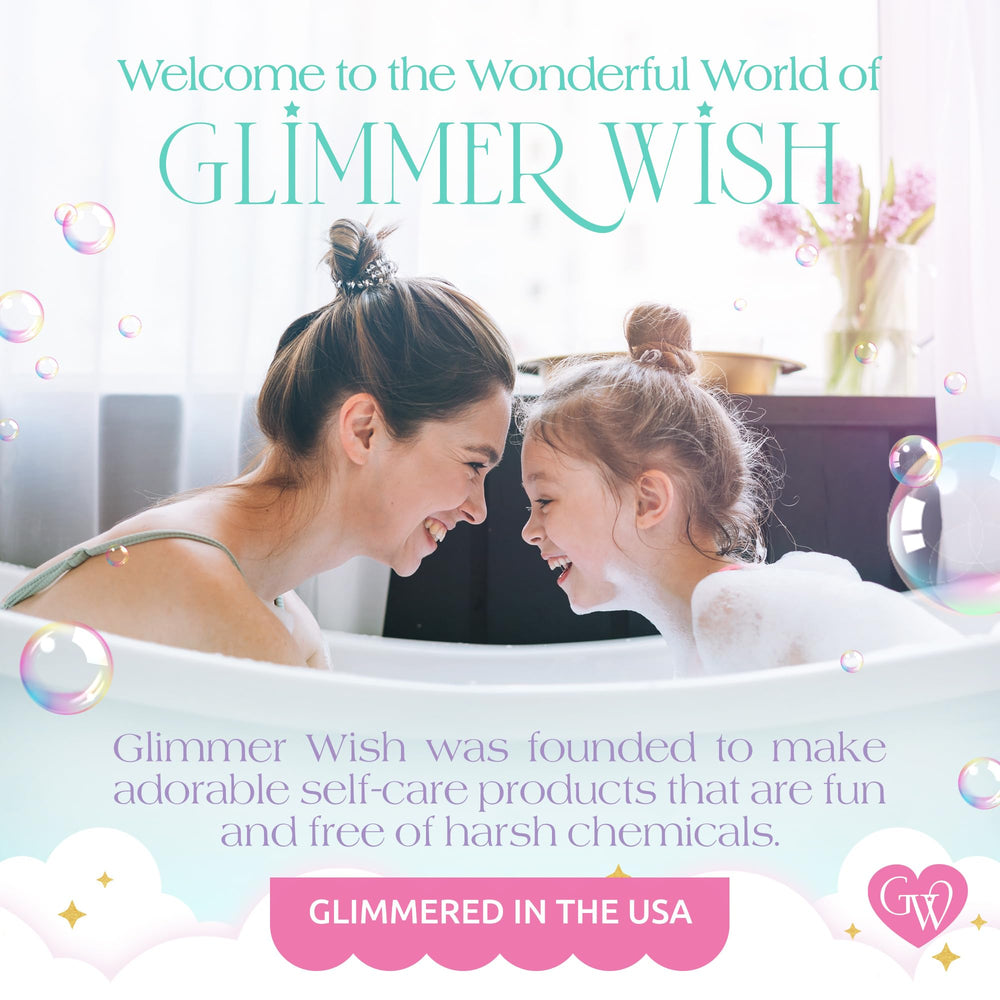Glimmer Wish bottle staged by bathtub in a playful bathroom scene promoting fun bath time