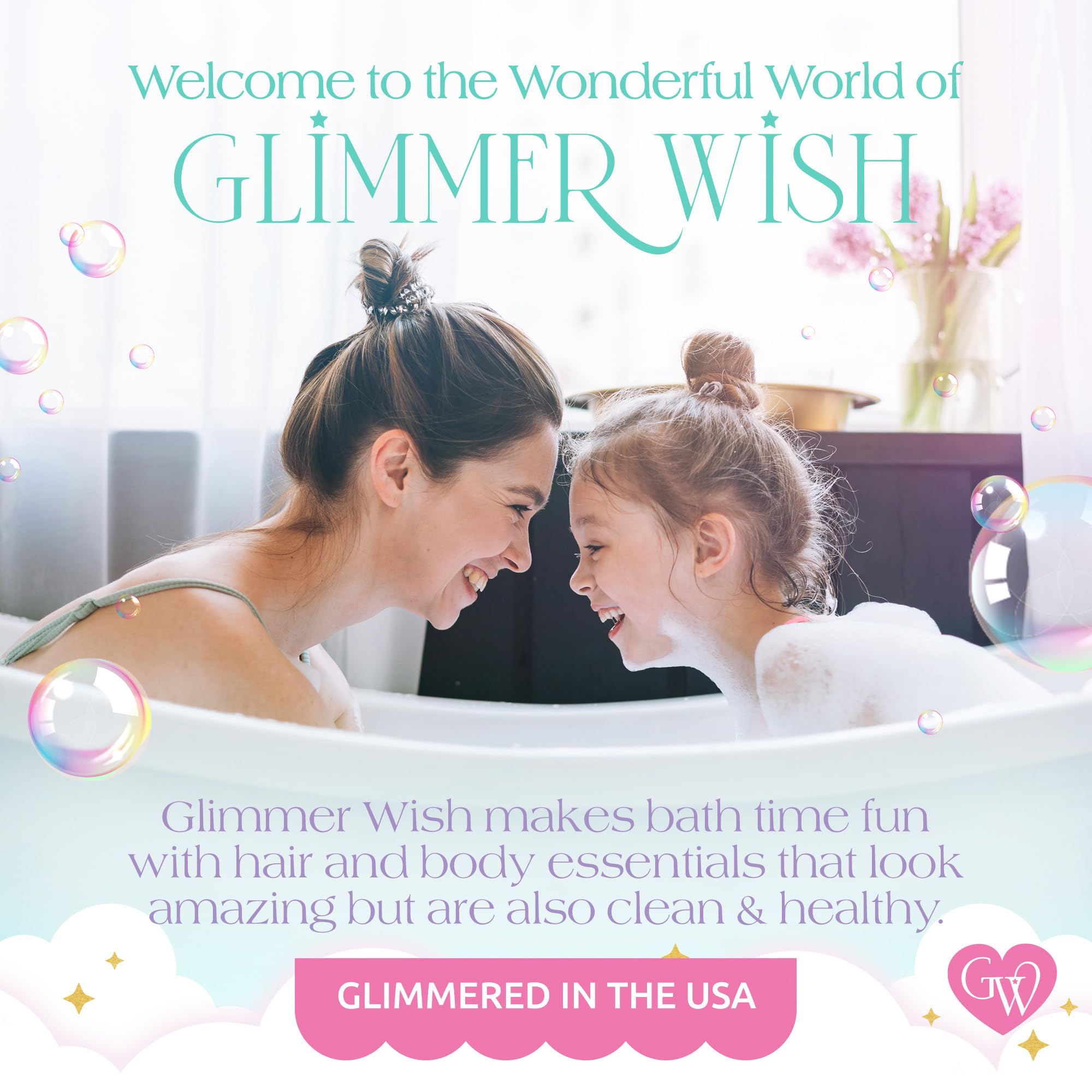 Glimmer Wish lifestyle shot in bathroom making brushing a fun routine