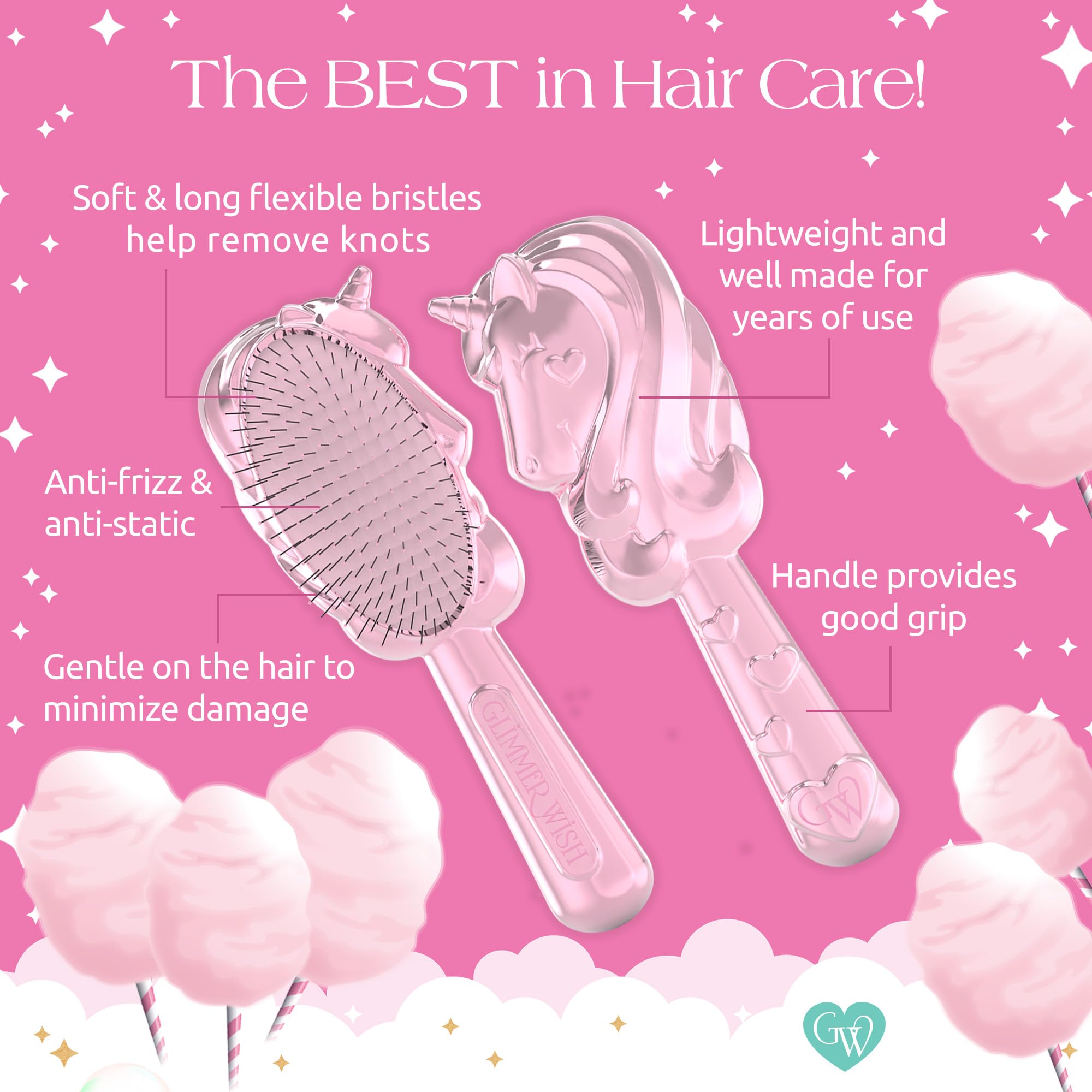 Glimmer Wish brush held in a child’s hand to promote independent grooming