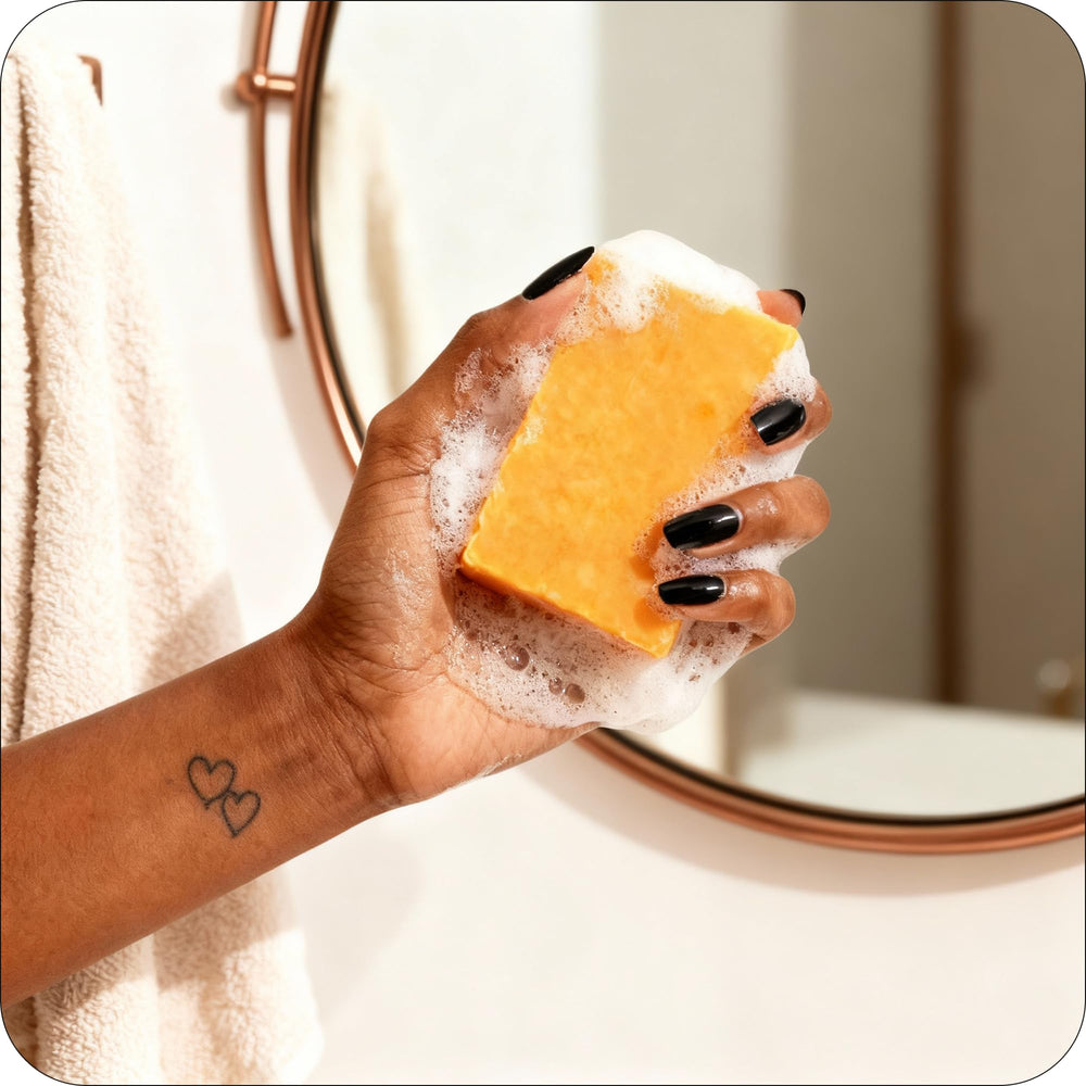 Glo Melanin soap on bath shelf in a bathroom setting promoting daily use benefit