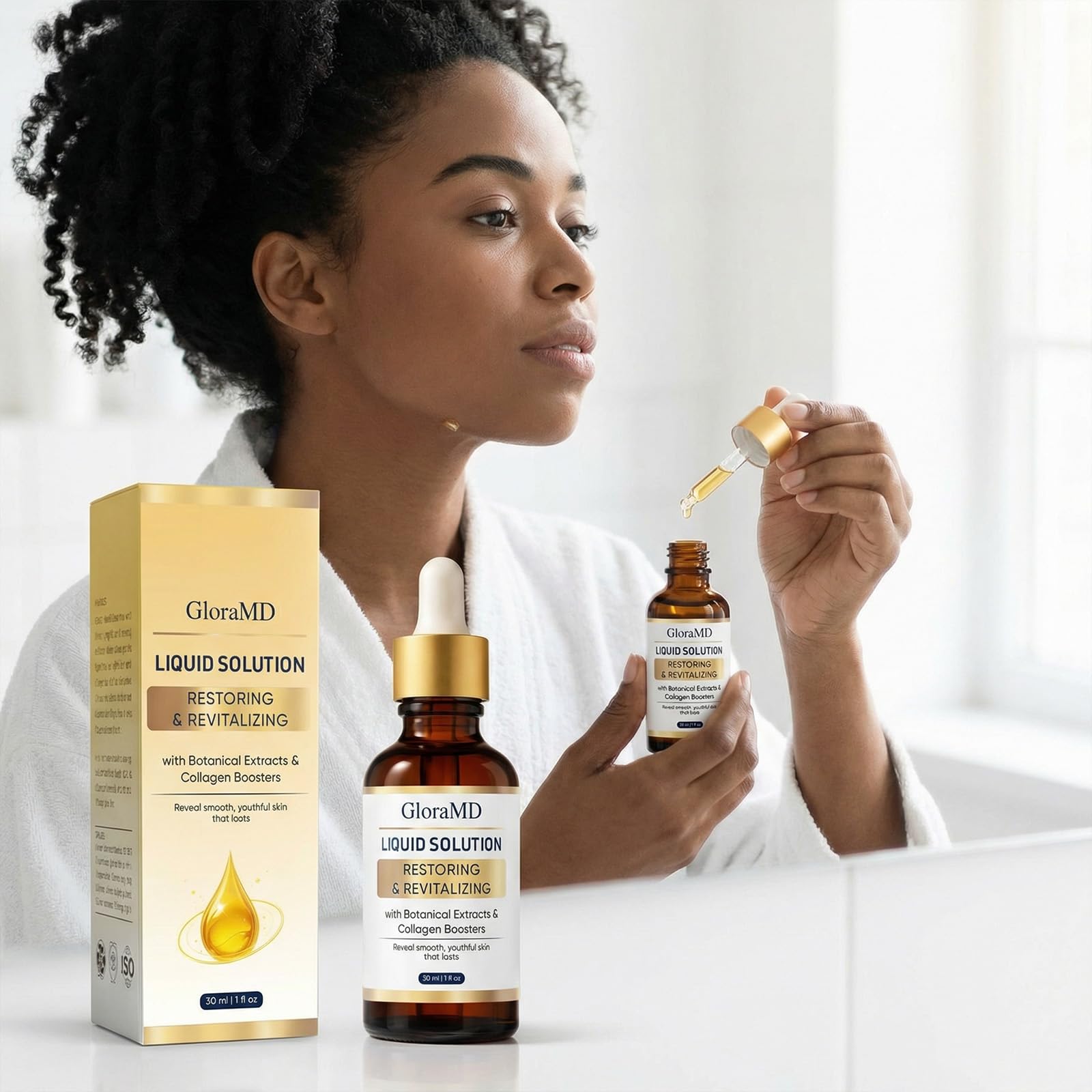 GLORAMD on bathroom vanity illustrating daily routine convenience