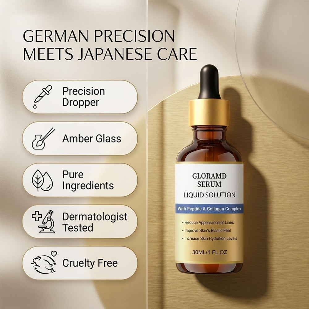 Gloramd Serum ingredient label highlighting peptides and collagen benefits
