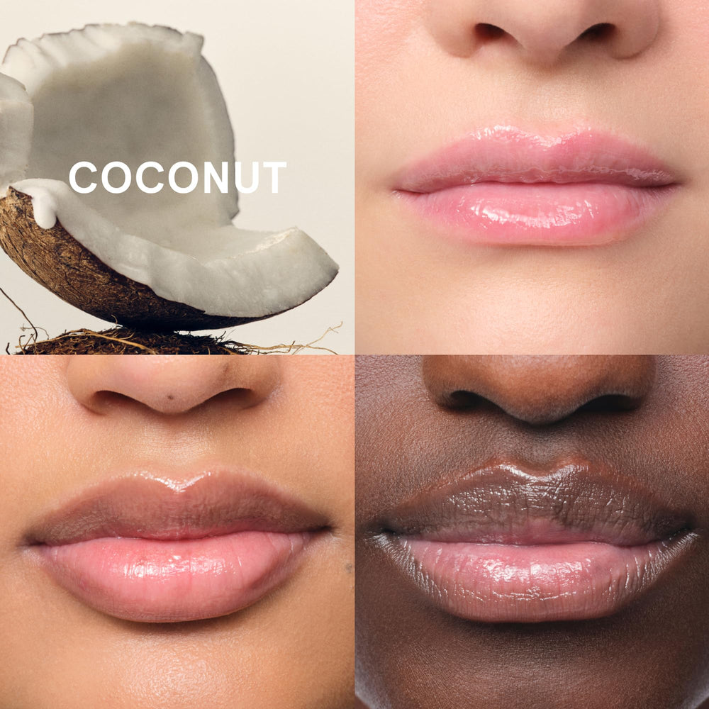 Glossier balm dotcom coconut beside makeup flatlay illustrating versatile use