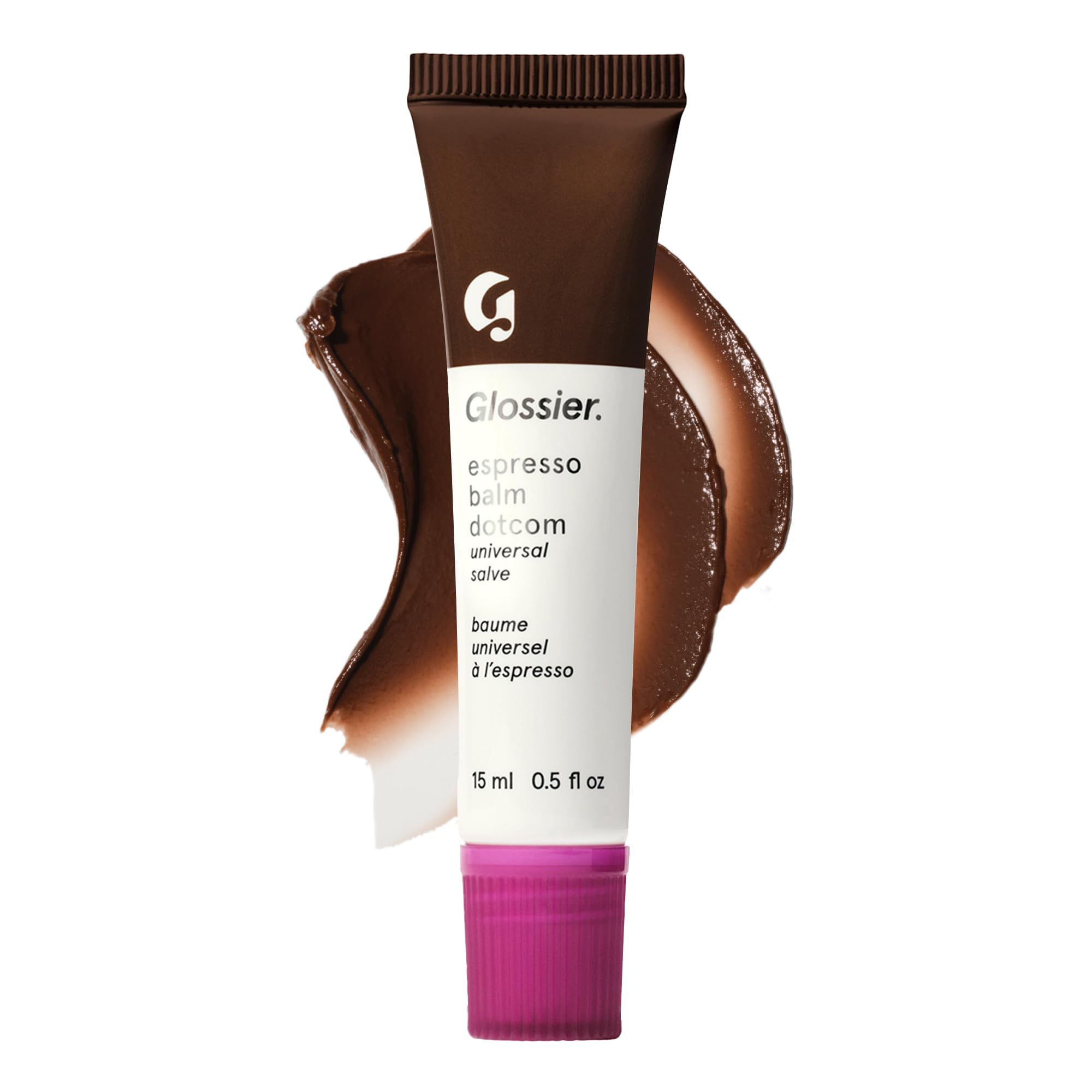 Glossier Balm Dotcom front tube showing Espresso Mocha tint and compact size