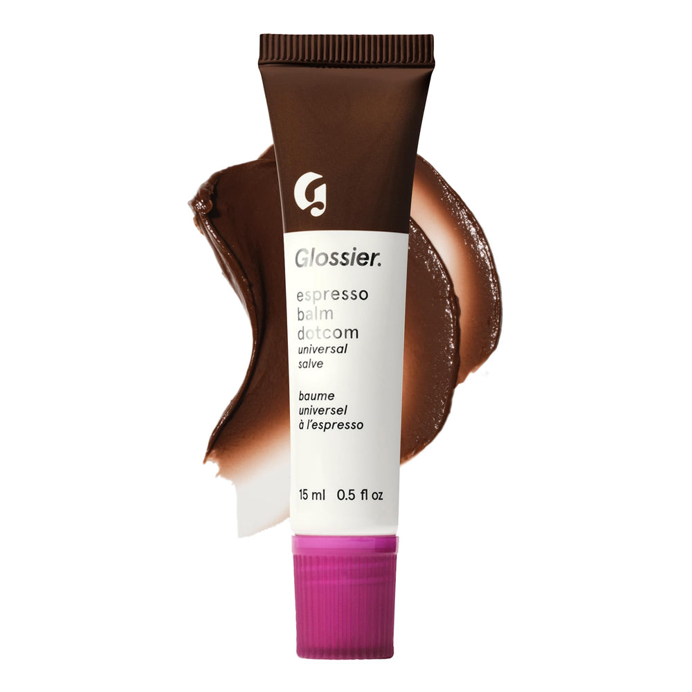 Glossier Balm Dotcom front tube showing Espresso Mocha tint and compact size
