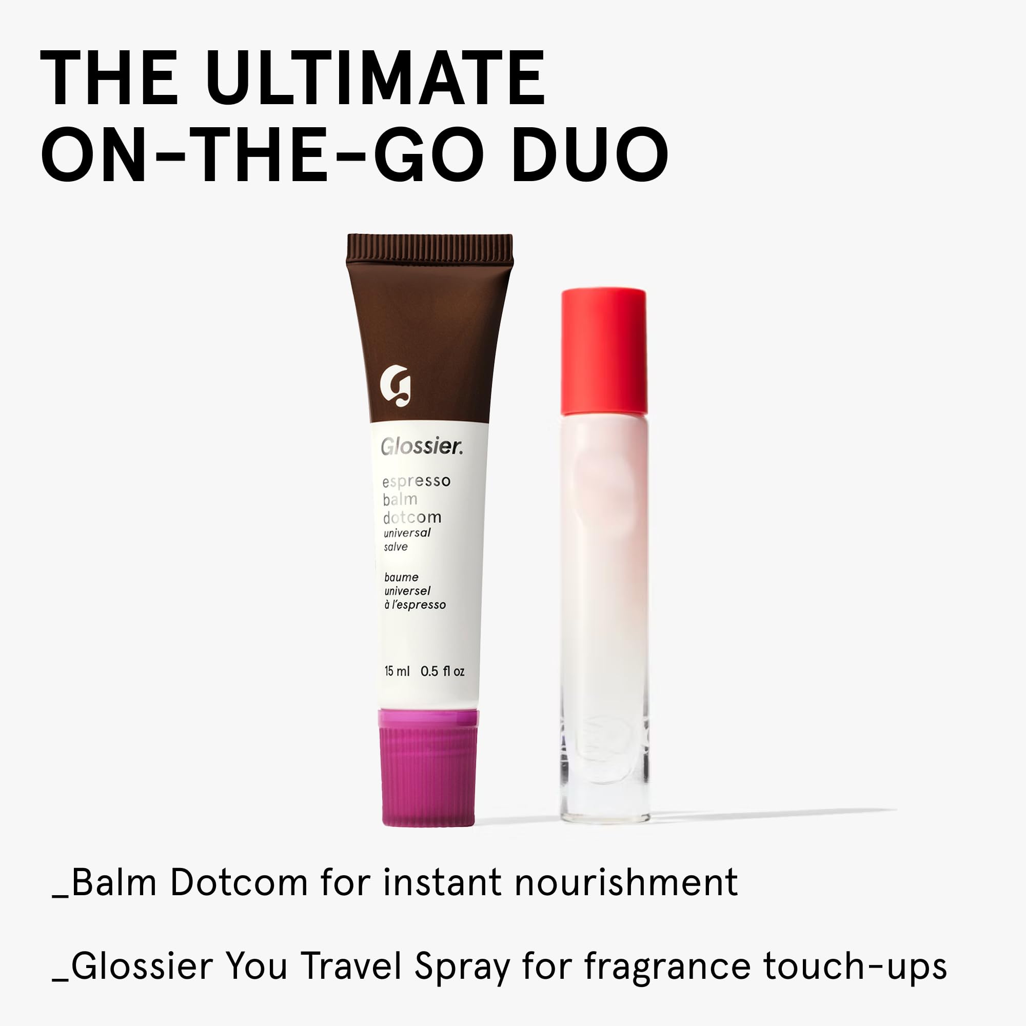 Glossier balm on a coffee table scene conveying the espresso scent and everyday use