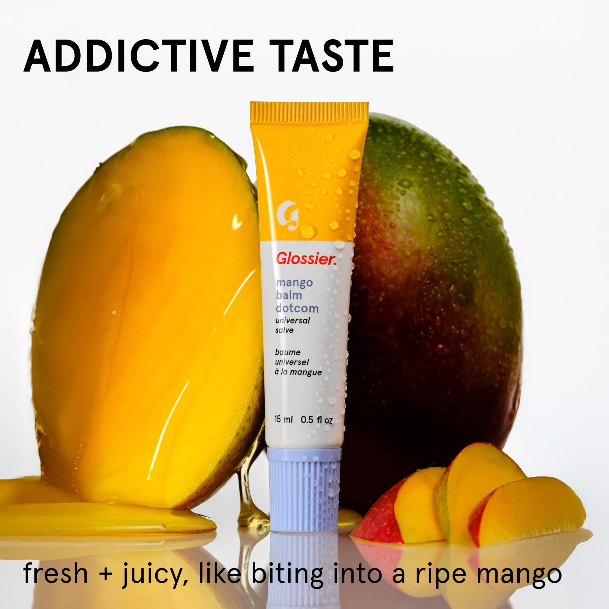 Glossier Balm Dotcom mango texture close-up highlighting thick smooth emollient feel