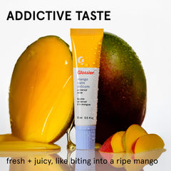 Glossier Balm Dotcom mango texture close-up highlighting thick smooth emollient feel