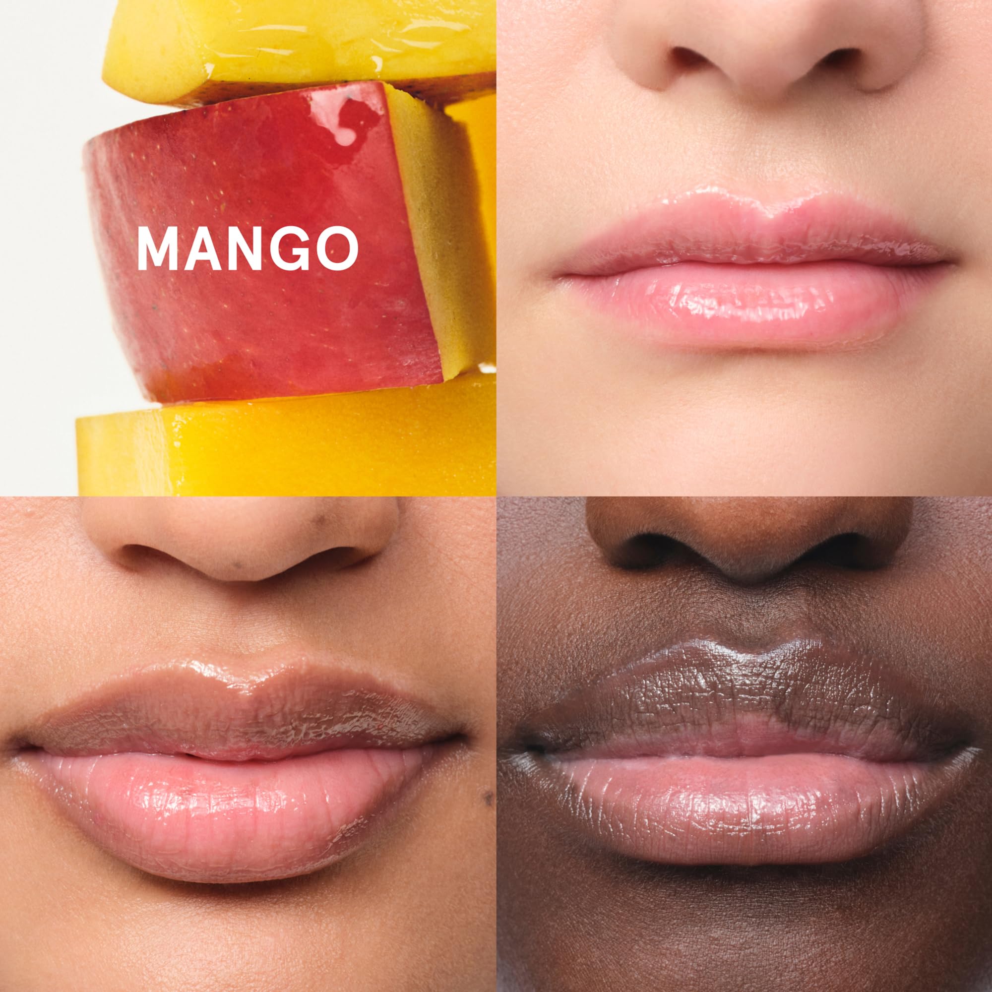 Glossier Balm Dotcom mango tube next to hand showing true size for travel convenience