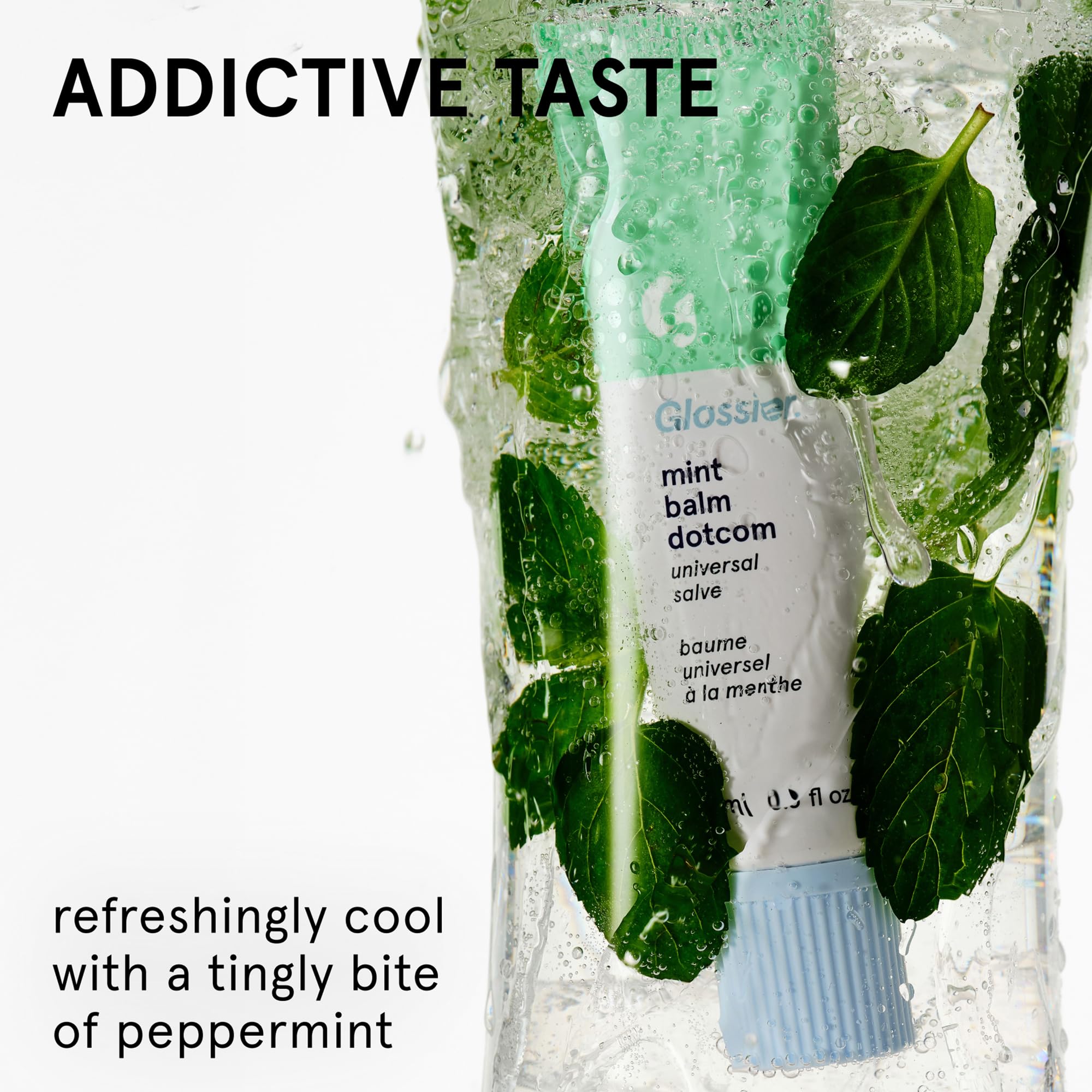 Glossier Balm Dotcom mint close-up swatch highlighting non-tinted smooth finish