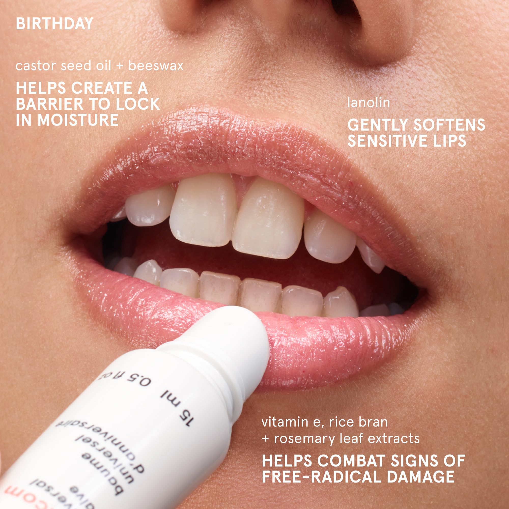 Glossier Balm Dotcom applied on lips in lifestyle shot for natural sheen