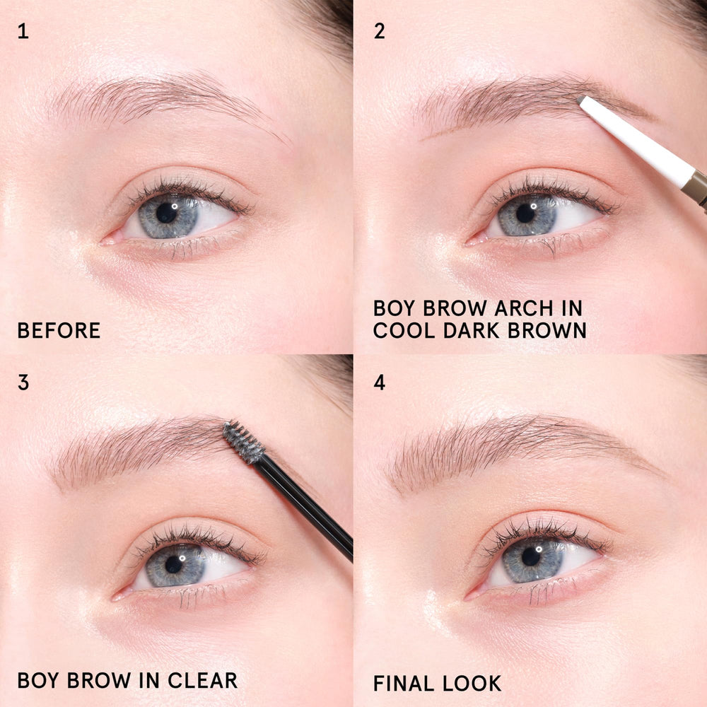Glossier Boy Brow on model face showing groomed brows for everyday polished look