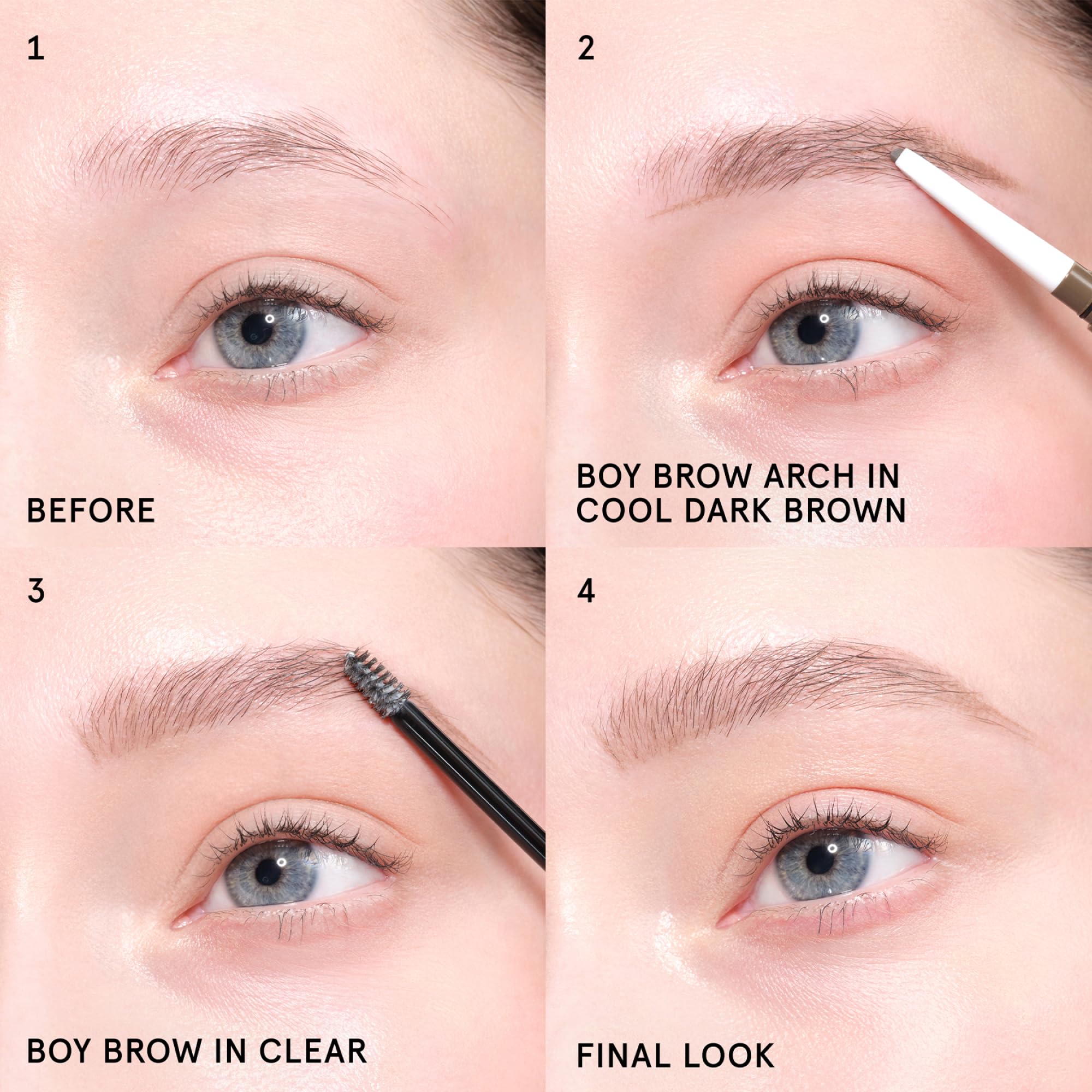 Glossier Boy Brow product label and ingredients showing dermatologist-tested formulation benefit