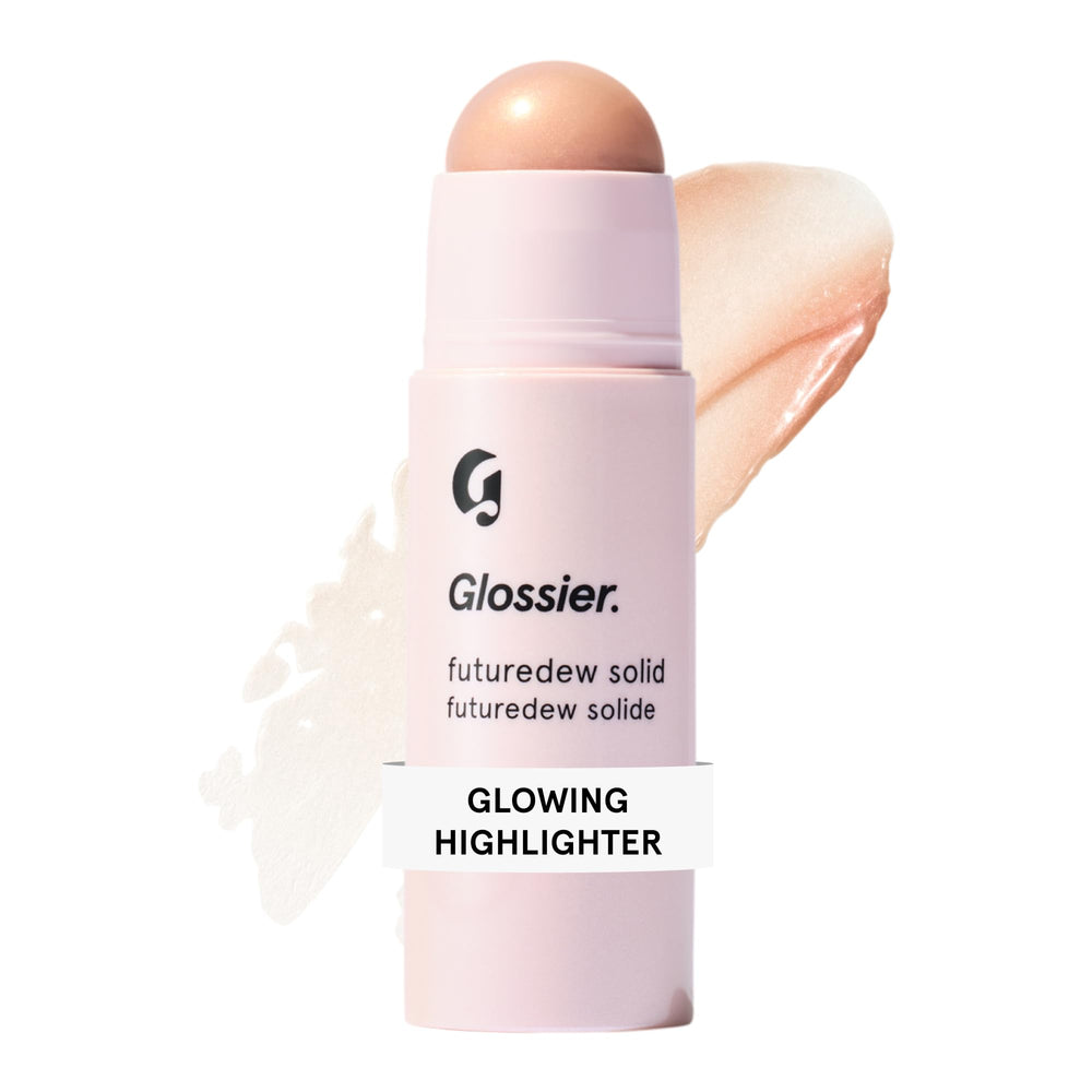Glossier Futuredew solid front packaging showing sleek compact—portable glow