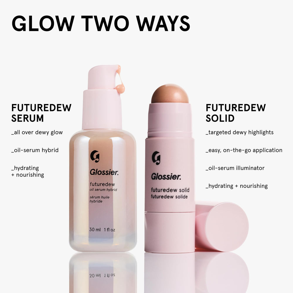 Glossier Futuredew solid paired with Cloud Paint for layered dewy finish