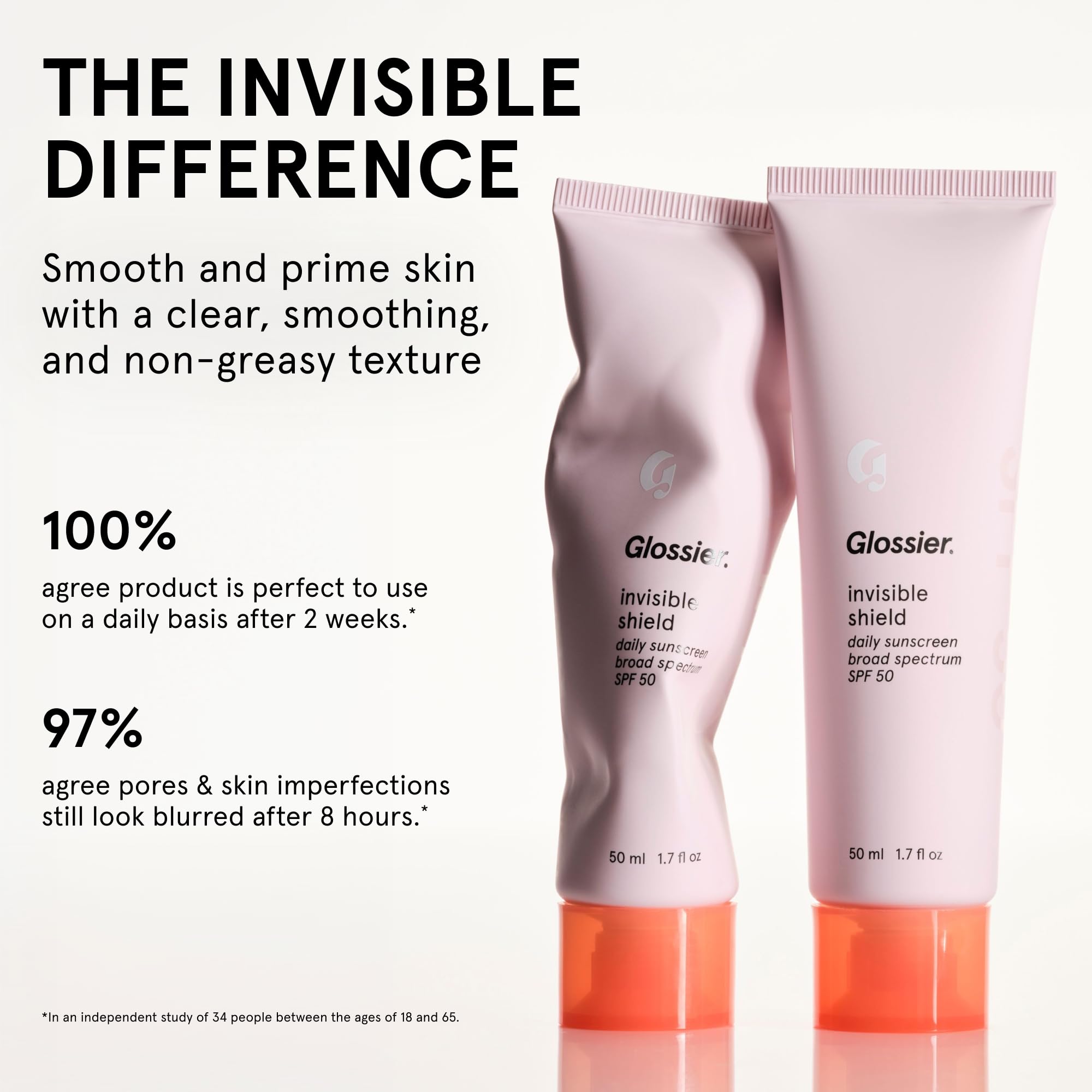 Glossier Invisible Shield tube beside a coin to show 50 mL scale benefit: travel-friendly daily SPF size