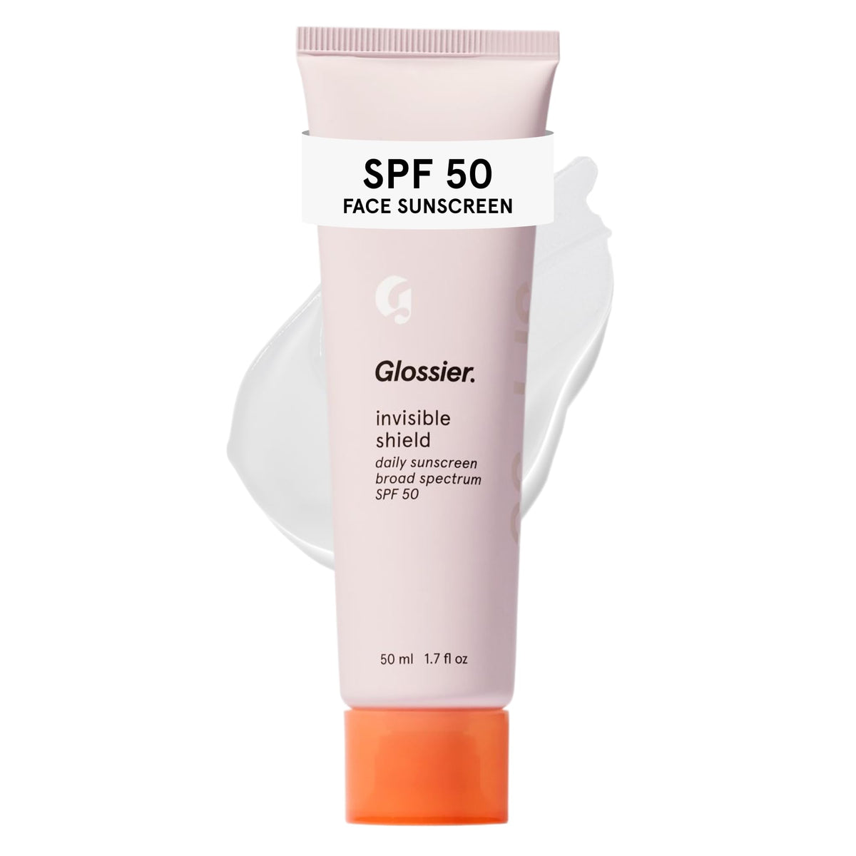 Glossier Invisible Shield front packaging shows compact 50 mL tube and clean design benefit: clear SPF protection