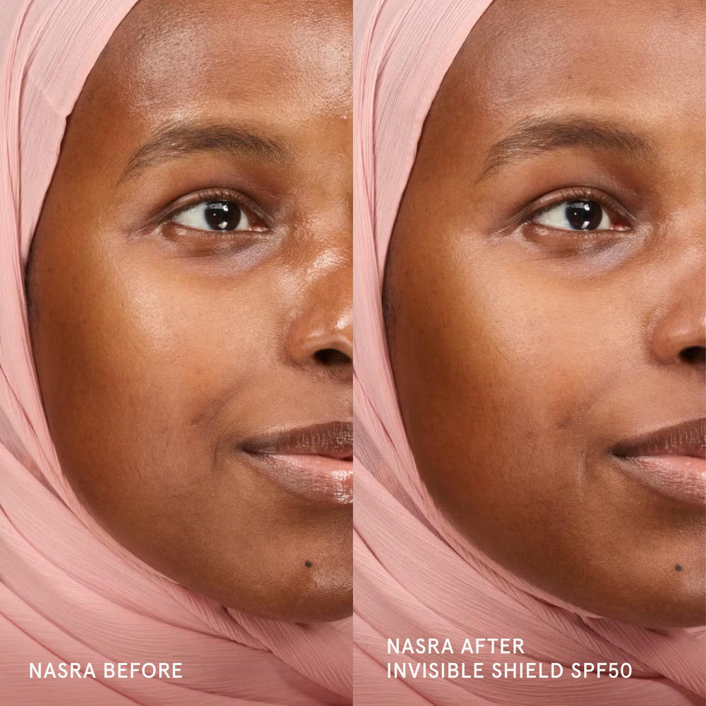 Glossier Invisible Shield clear gel texture close-up showing lightweight finish benefit: absorbs without greasy residue