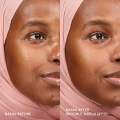 Glossier Invisible Shield clear gel texture close-up showing lightweight finish benefit: absorbs without greasy residue