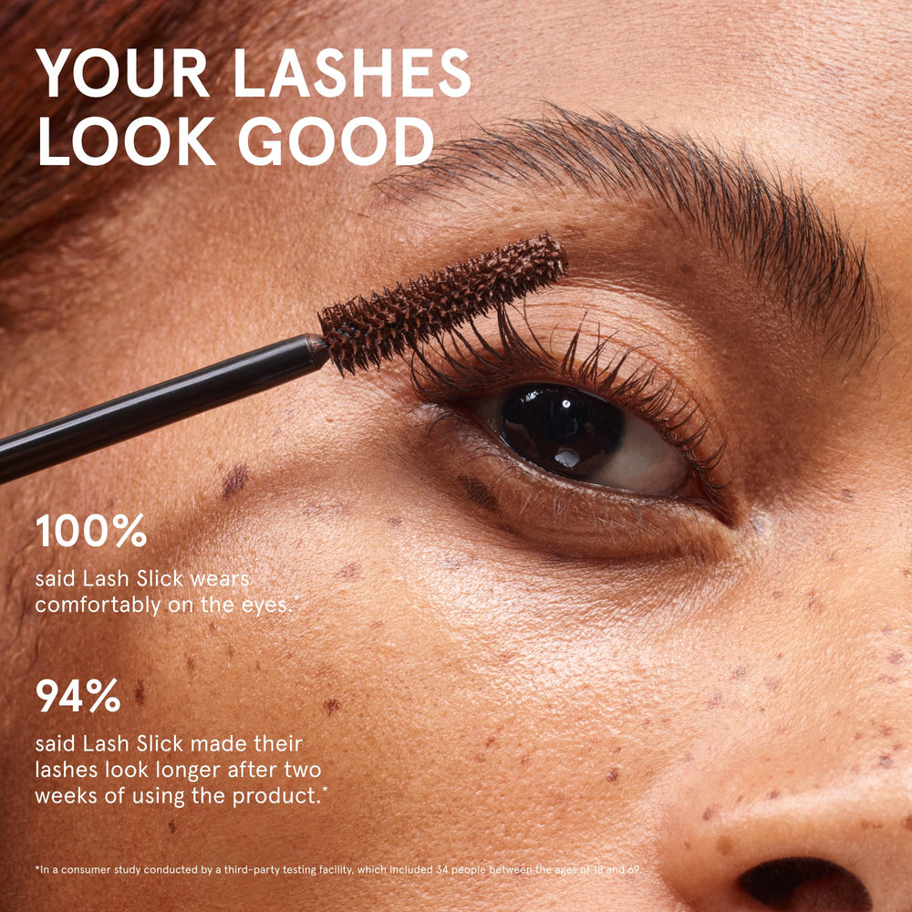 Glossier Lash Slick before and after lashes showing visible length and separation benefit